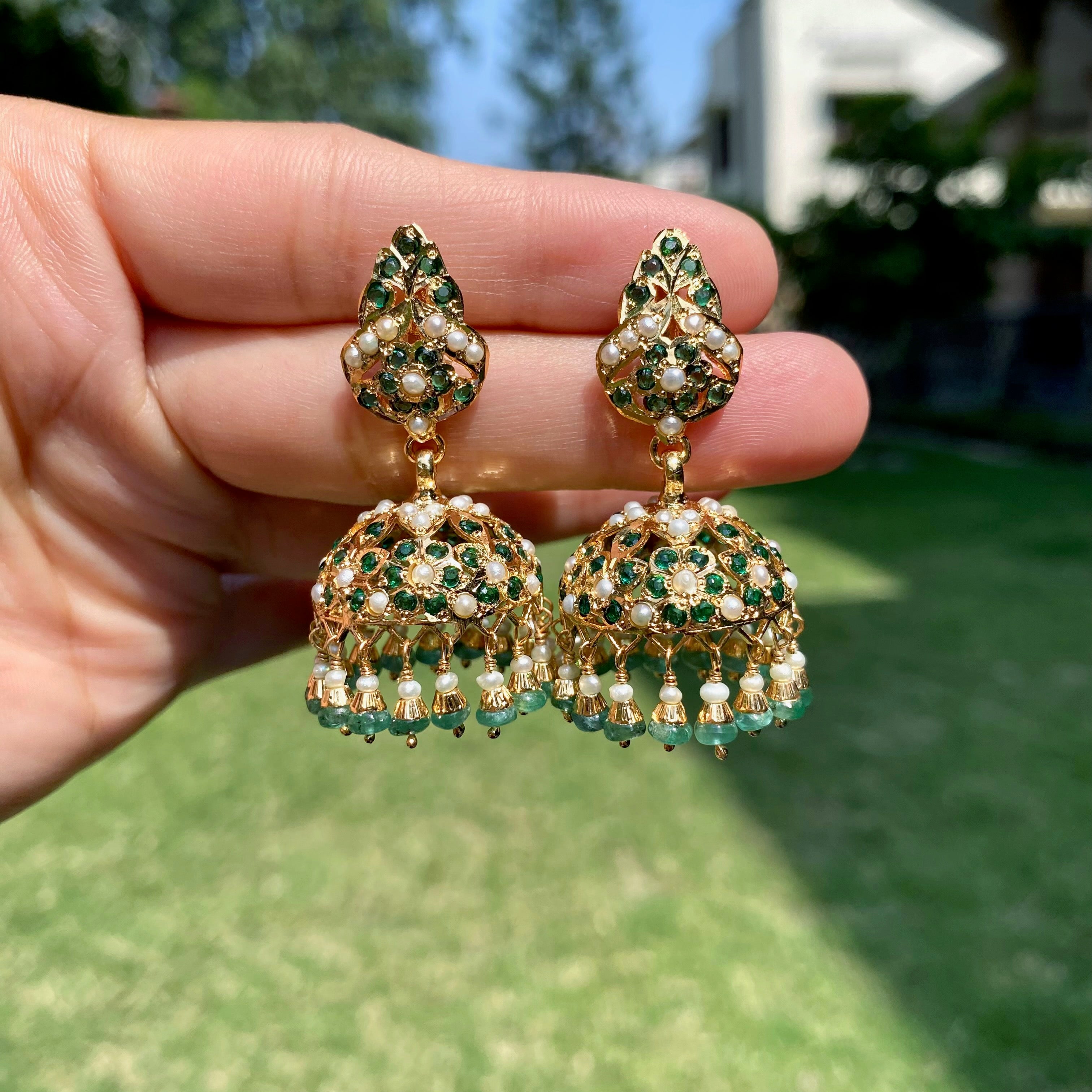 Emerald-Green Pearl Jadau Jhumka Earrings | Gold Plated Silver ER 711