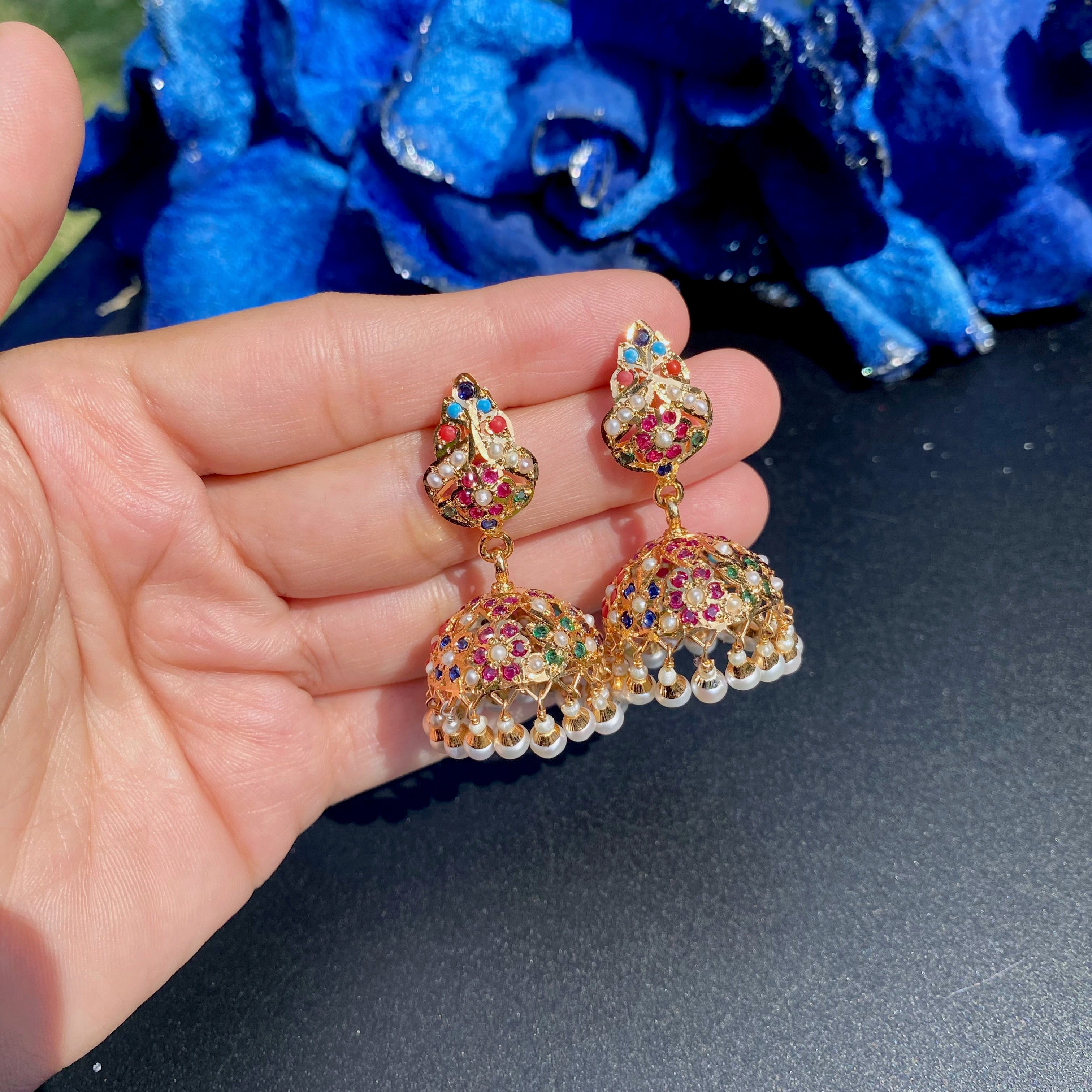 Navratna Jadau Jhumka Earrings For Women | Gold Plated Silver ER 722