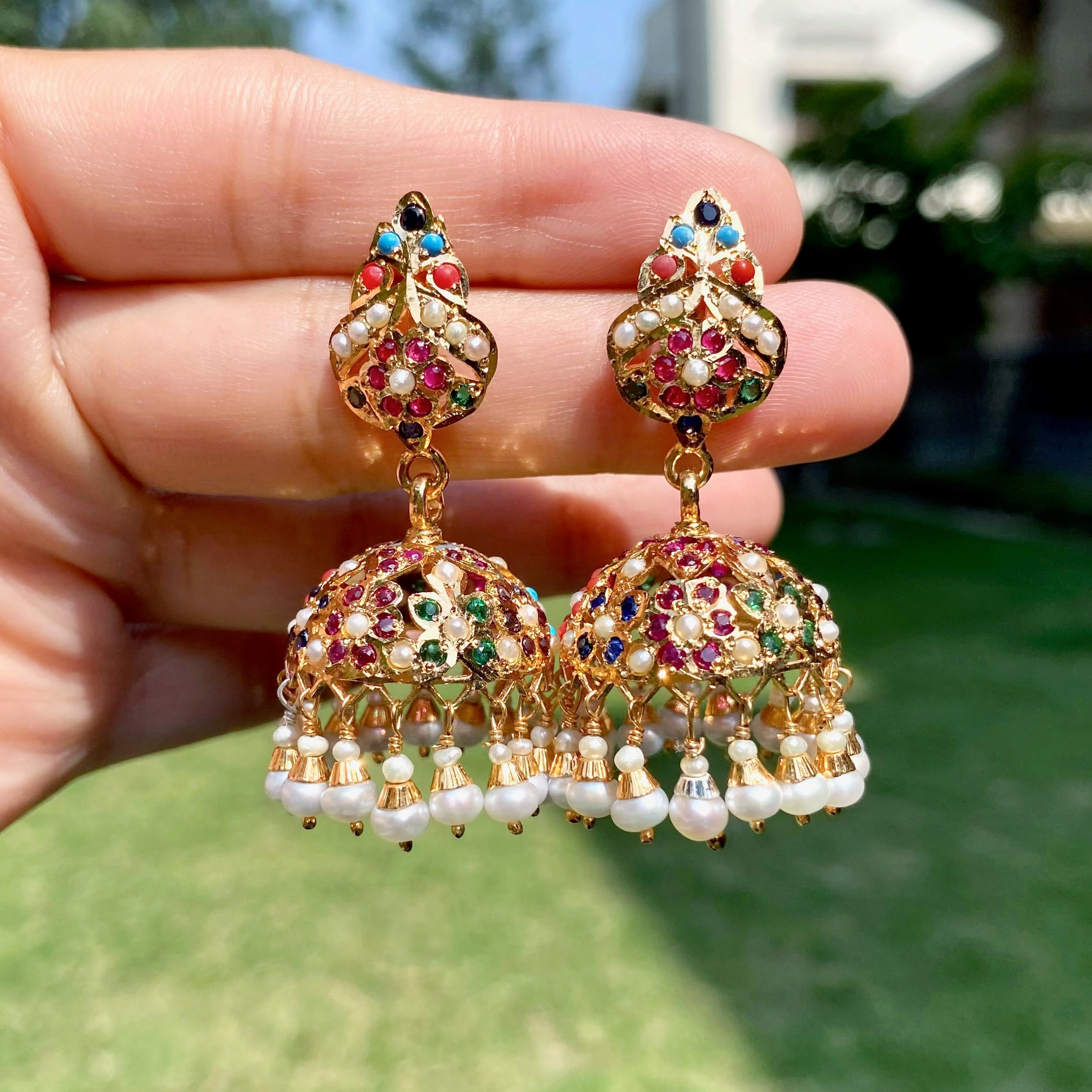 Navratna Jadau Jhumka Earrings For Women | Gold Plated Silver ER 722