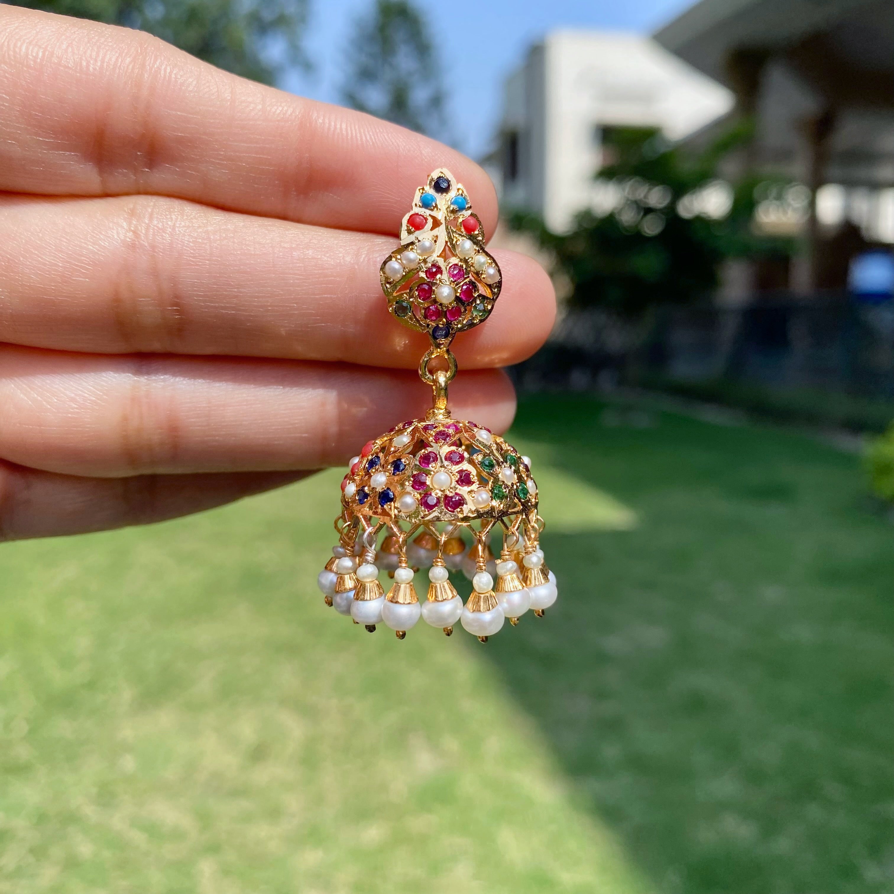 Navratna Jadau Jhumka Earrings For Women | Gold Plated Silver ER 722
