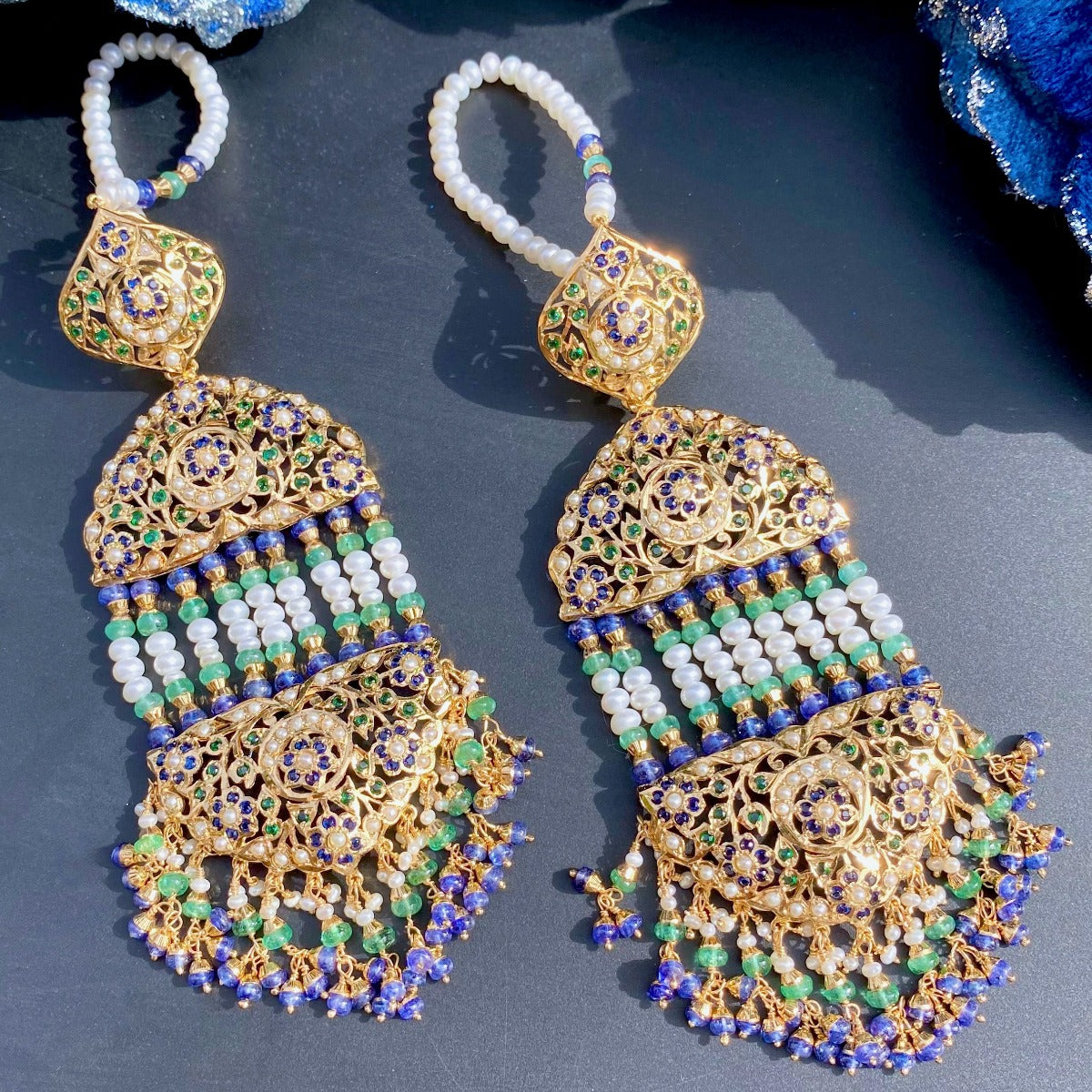 Gold plated Kundan and Meenakari work ChandBali Jhoomar Earrings Brass with  Hair Chains/Kaan Chain