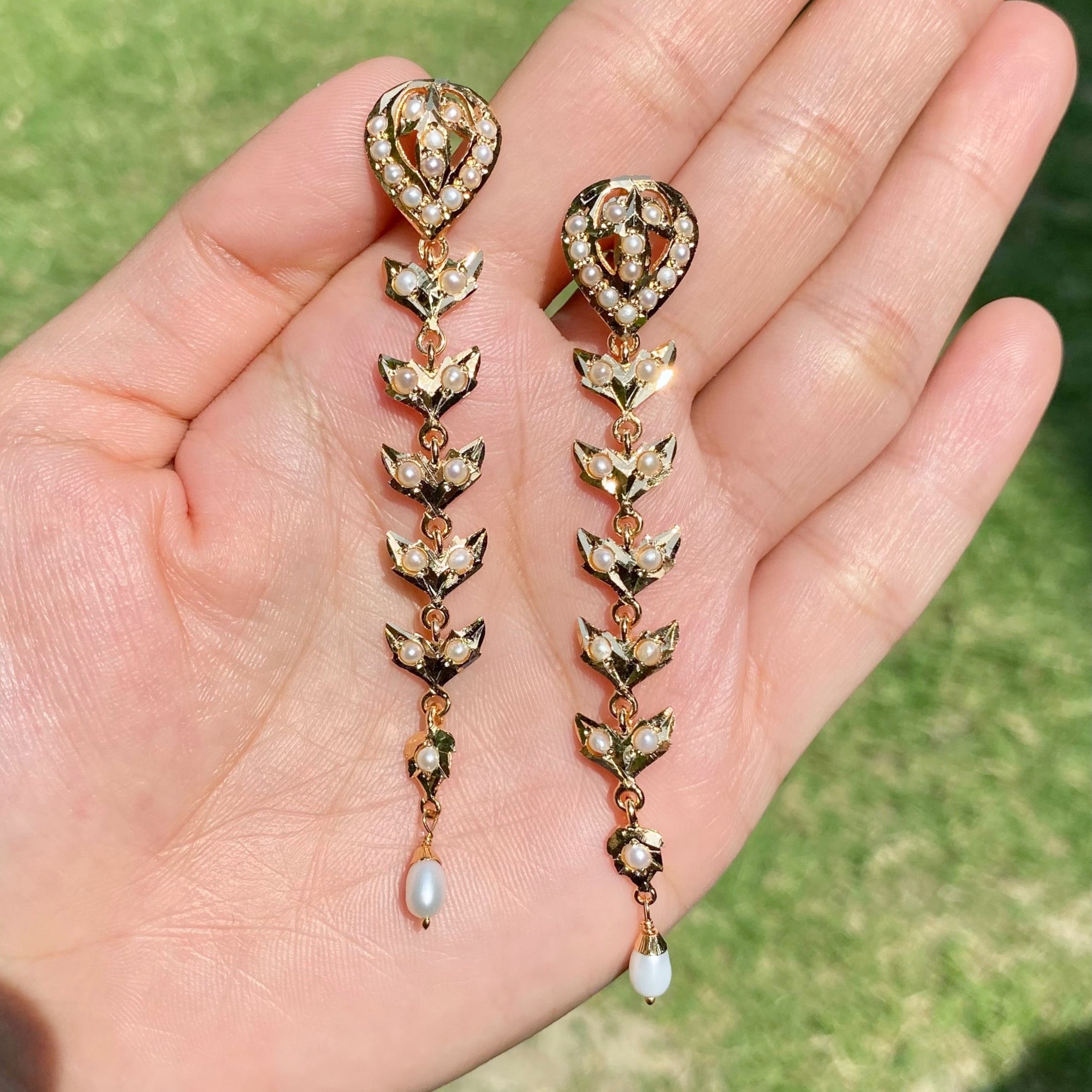 Long Flowing Slender Pearl Earrings | Gold Plated on Sterling Silver ER 726