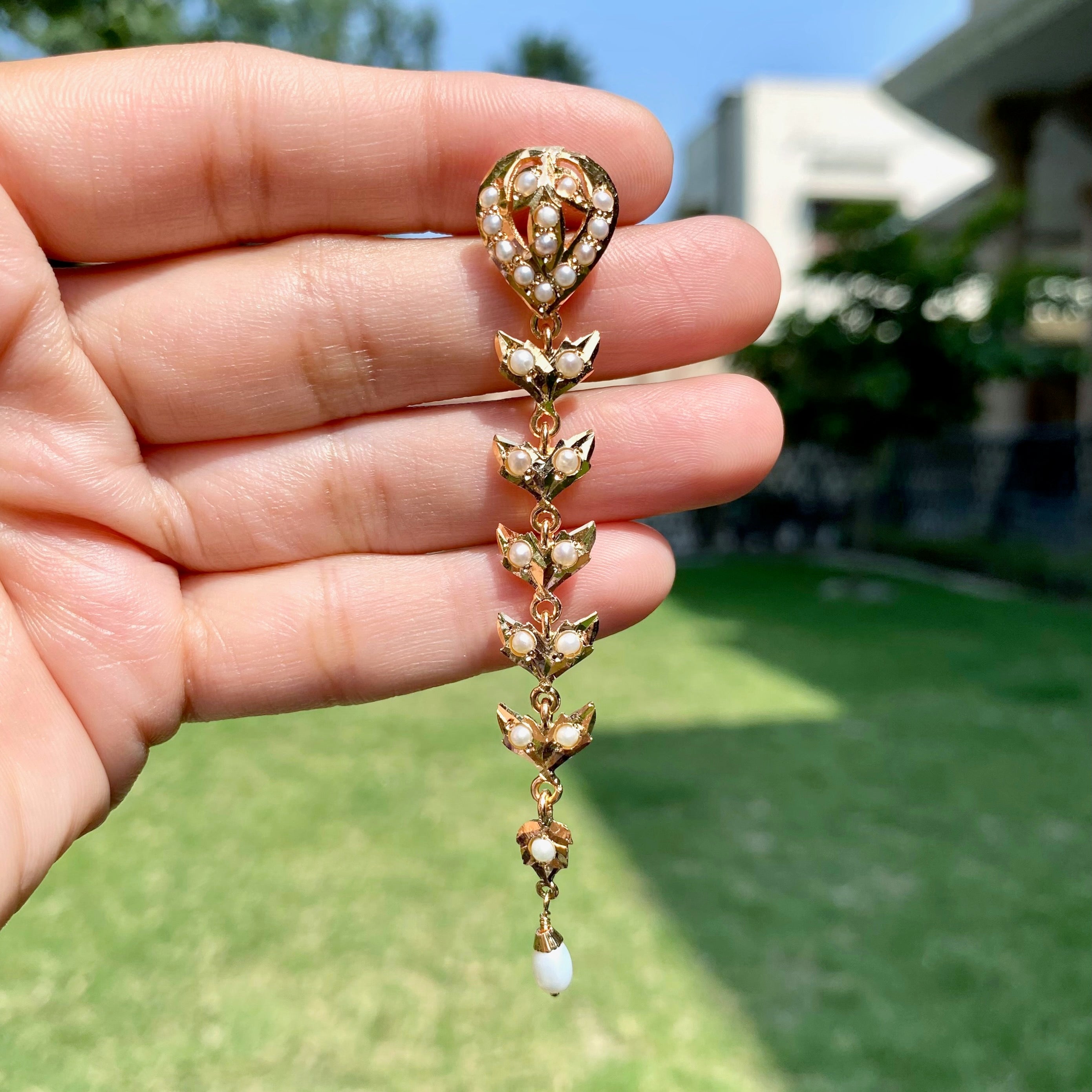 Long Flowing Slender Pearl Earrings | Gold Plated on Sterling Silver ER 726