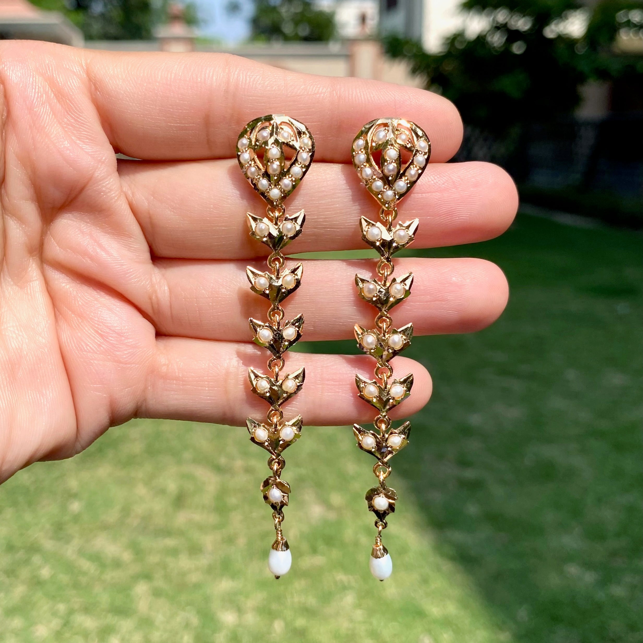 Long Flowing Slender Pearl Earrings | Gold Plated on Sterling Silver ER 726