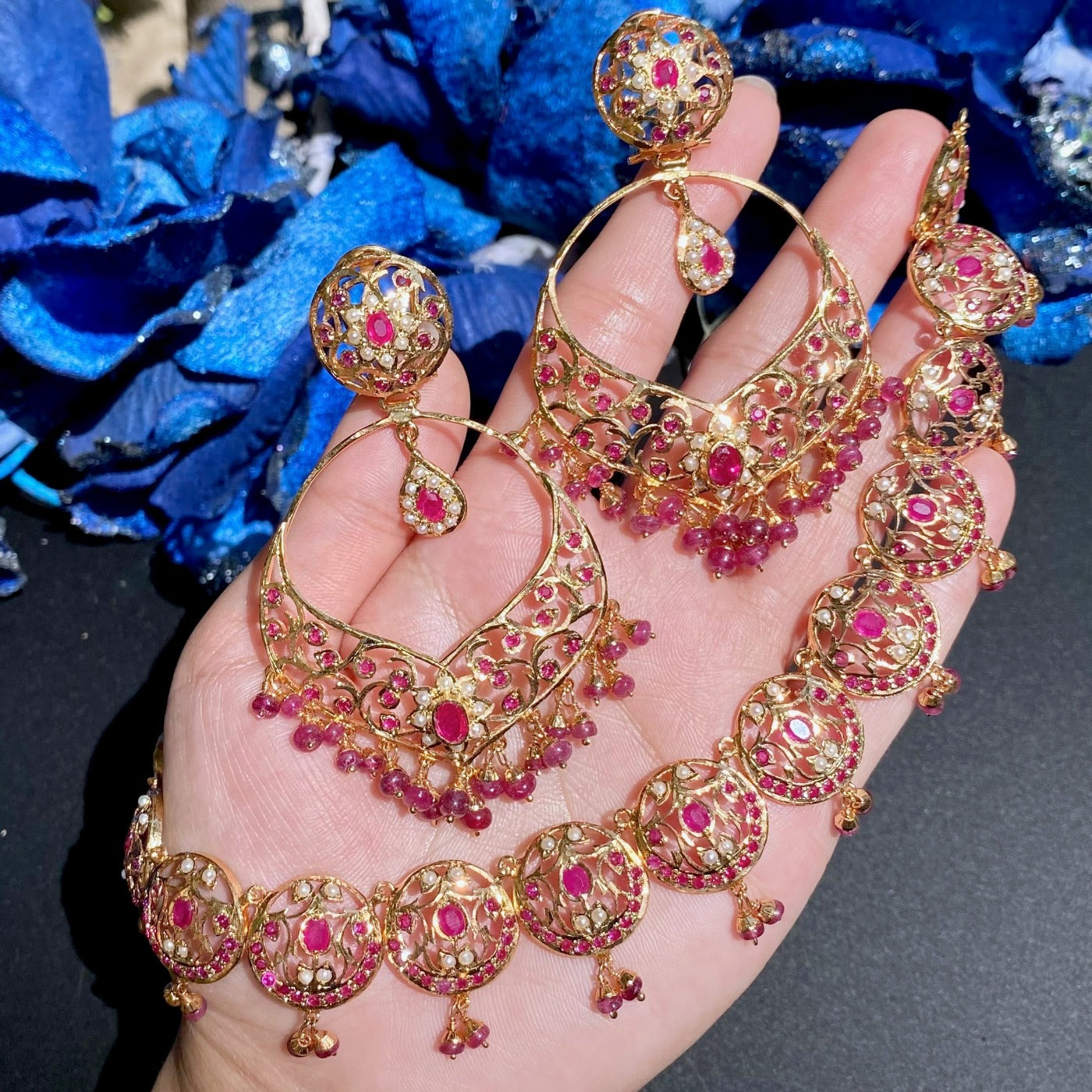 Delicate Ruby Necklace with Statement Earrings | Jadau Jewellery | NS 309
