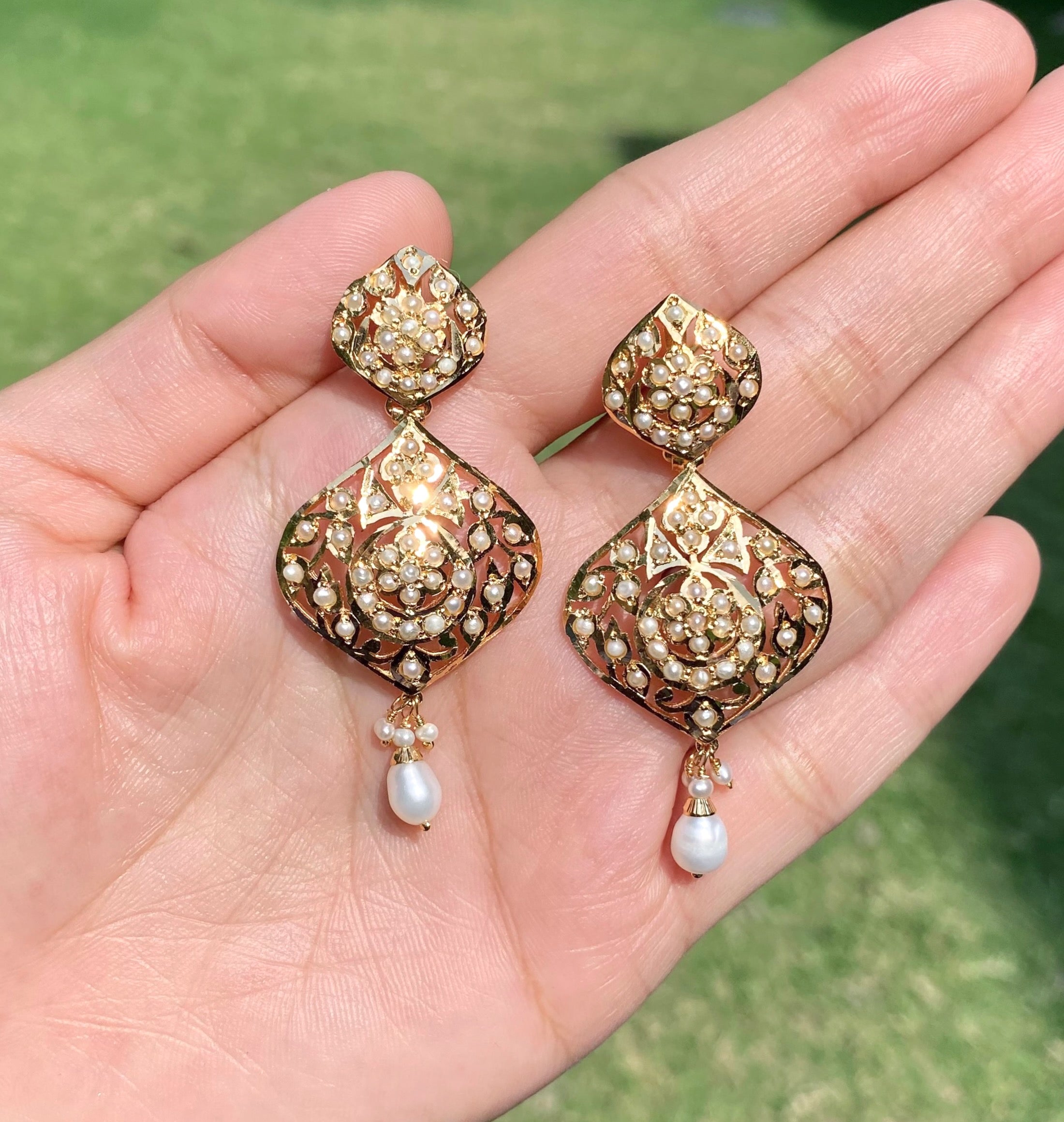 Pearl Lace Drop Jadau Earrings | Gold Plated Silver ER 727