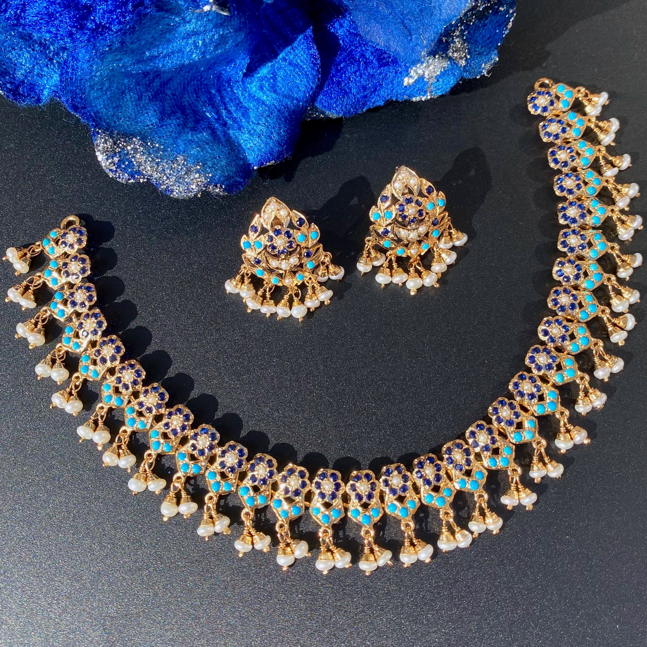 Delicate Necklace with Sapphire Feroza Combination | Delicate Jadau Necklace Set | NS 496