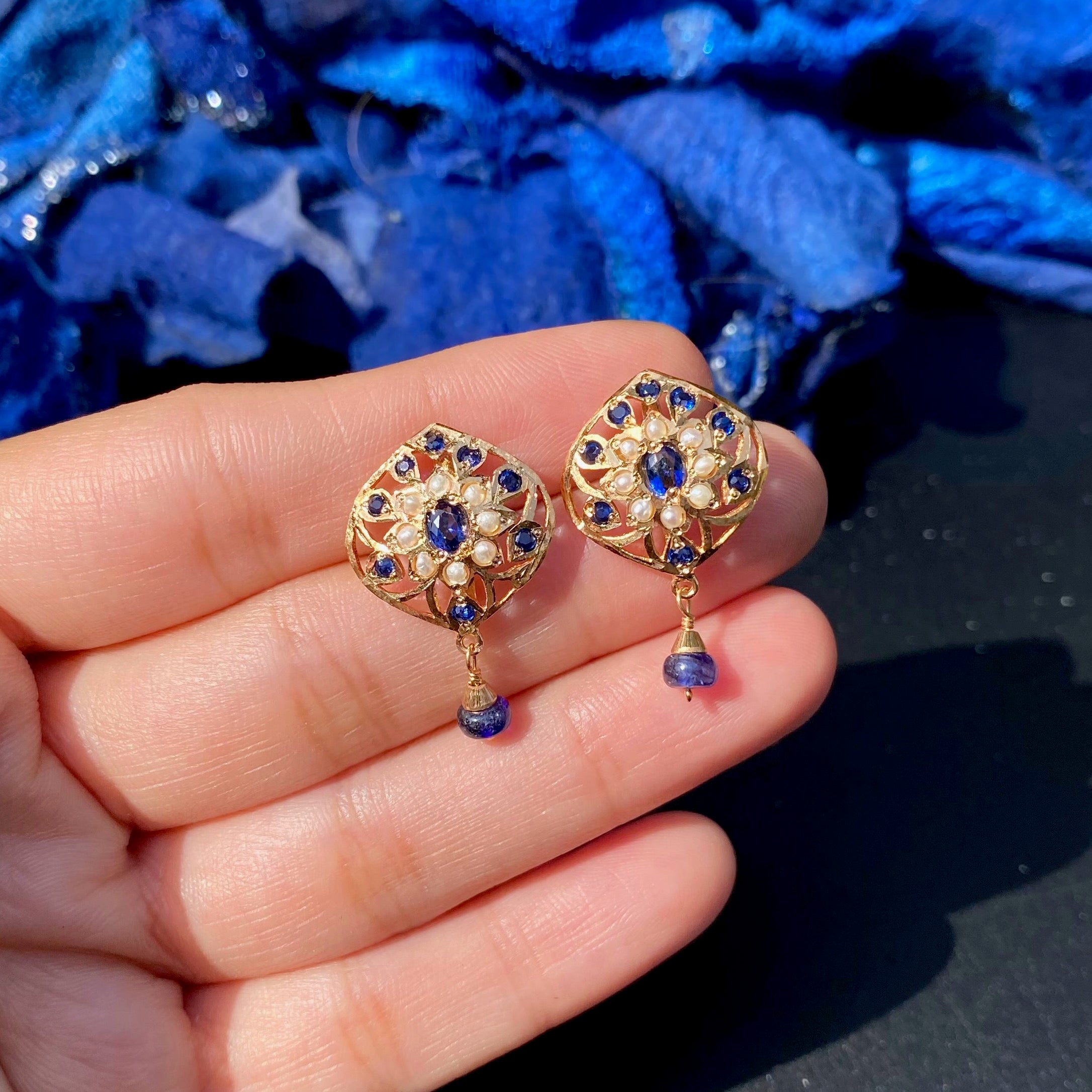 Cute Jadau Stud in Pearl Sapphire Combination | Gold Plated on Silver ER 733