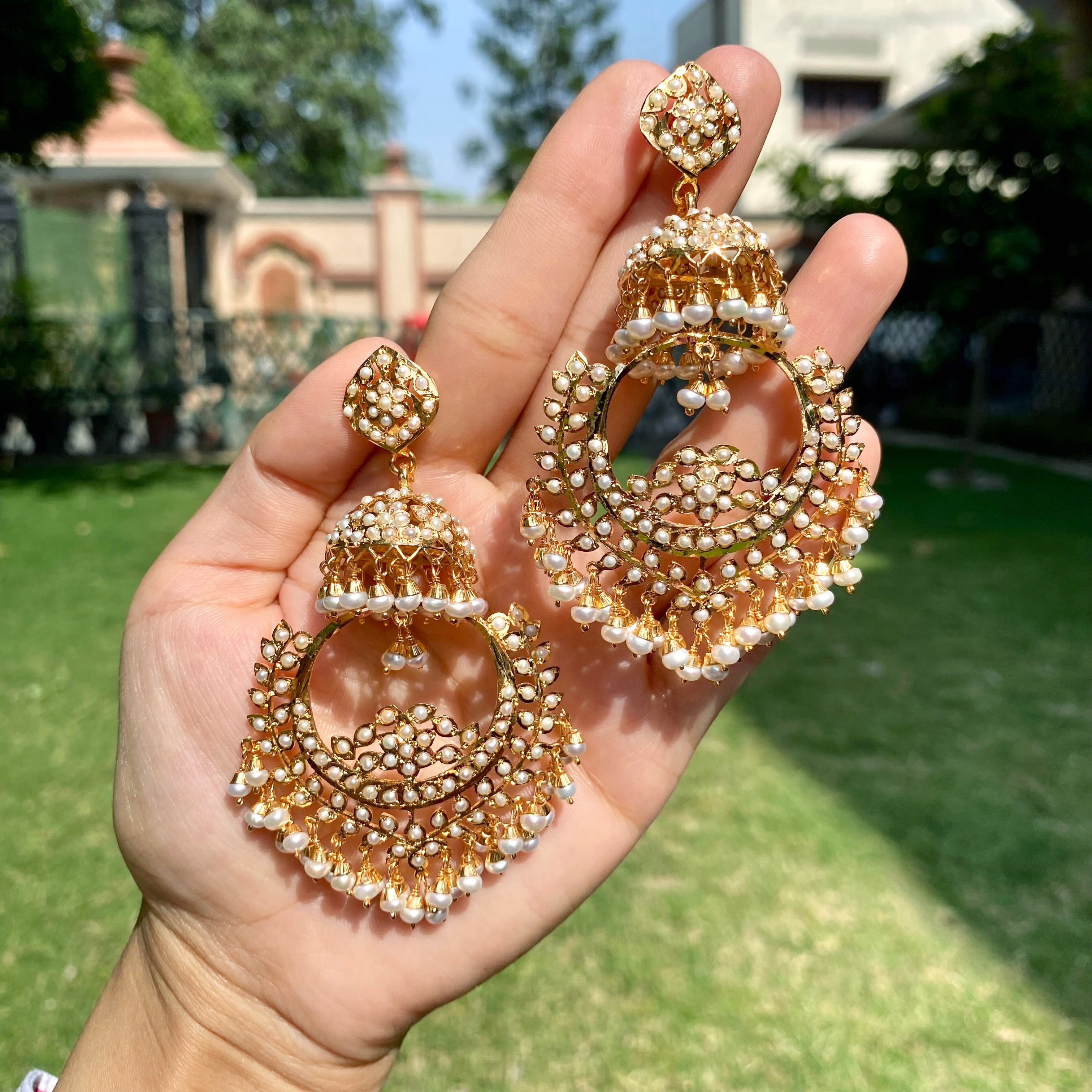 Pearl Chandbali Jhumka Earrings on Silver Base | ER 718