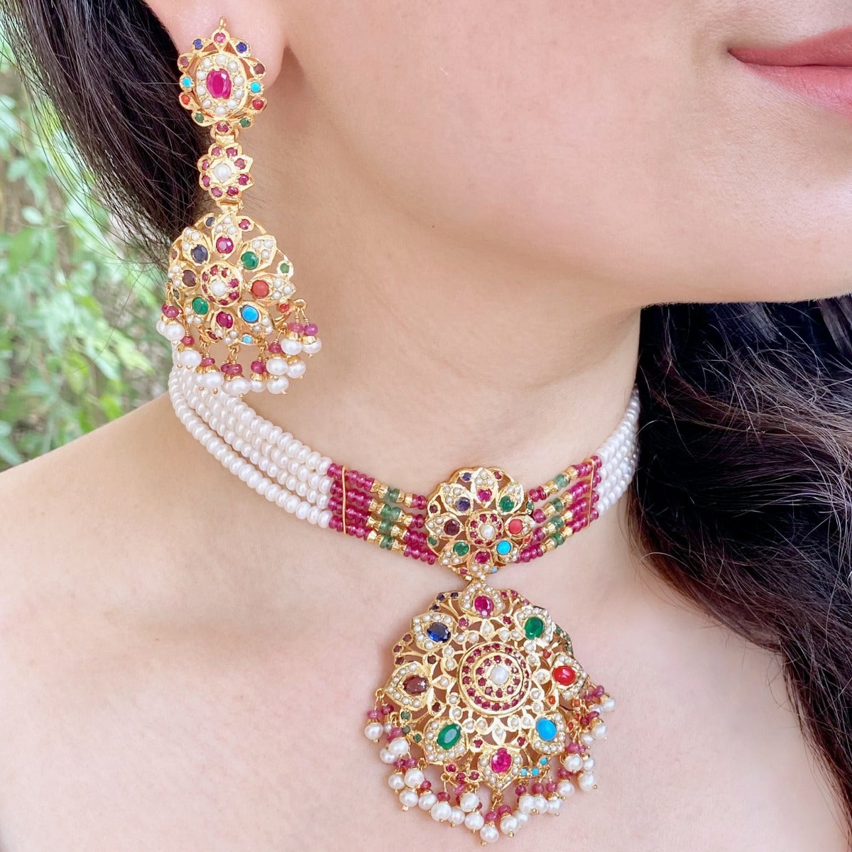 jadau navratna earrings in silver