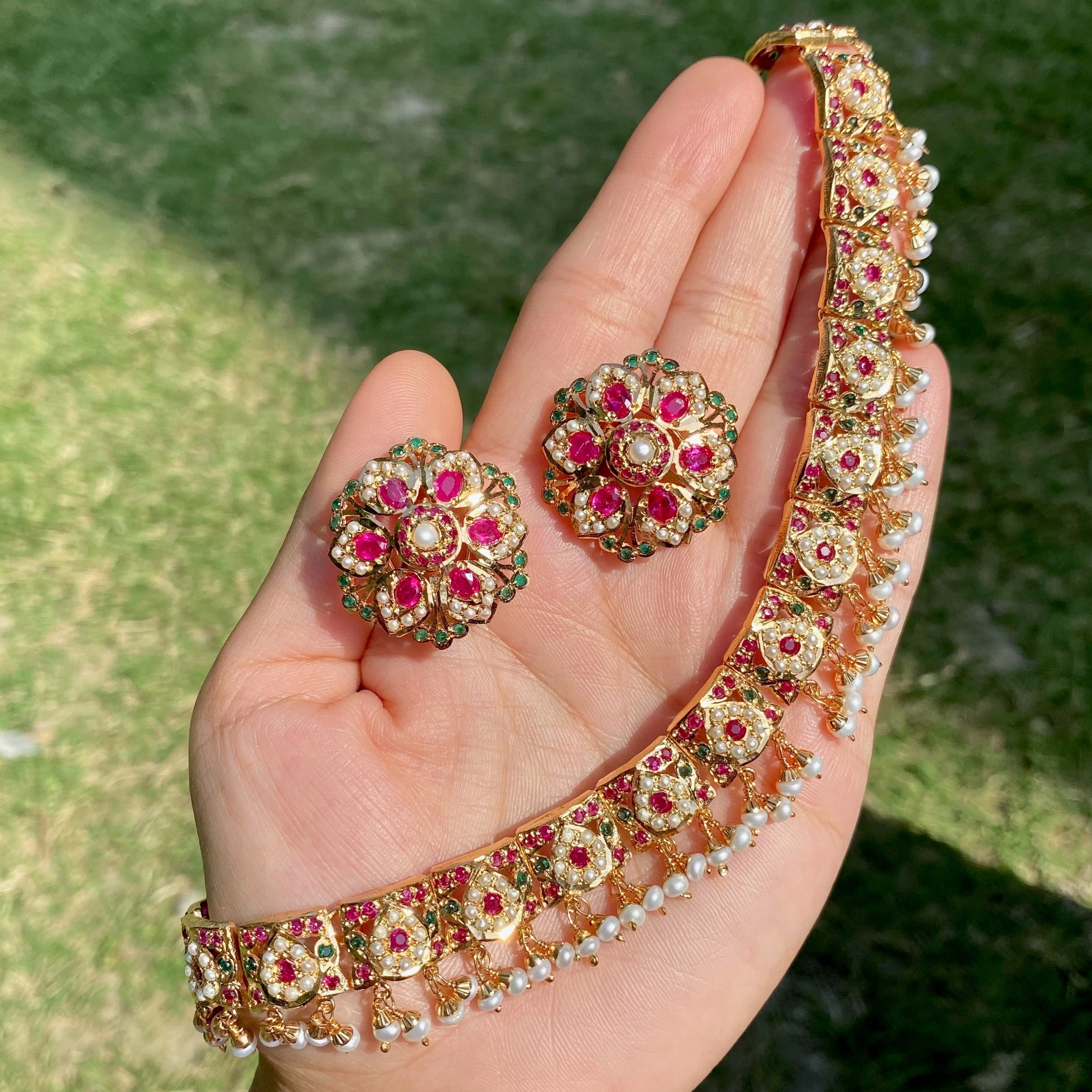 Ruby Pearl Jadau Necklace Set with Floral Stud Earrings | Gold Plated Silver NS 474