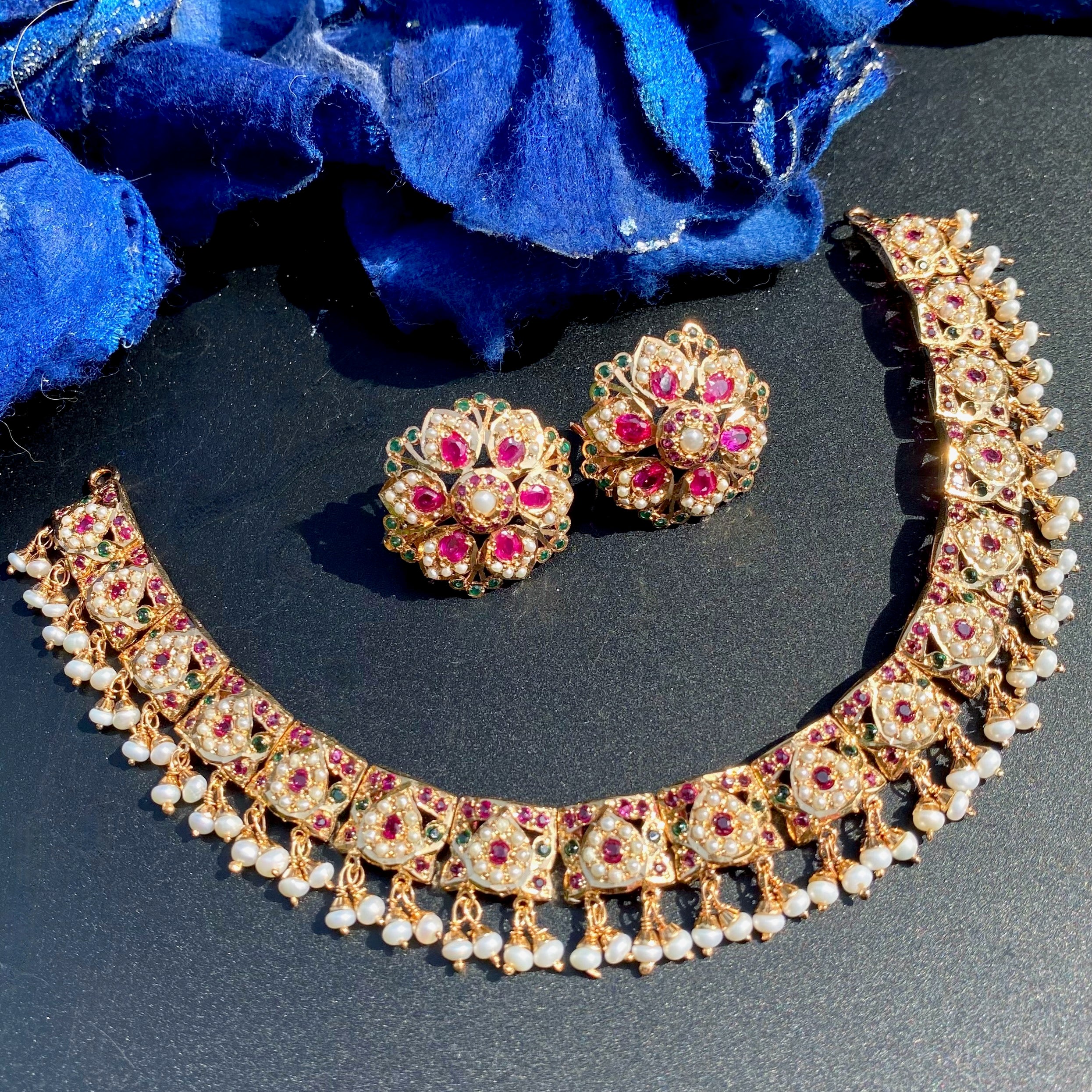 Ruby Pearl Jadau Necklace Set with Floral Stud Earrings | Gold Plated Silver NS 474