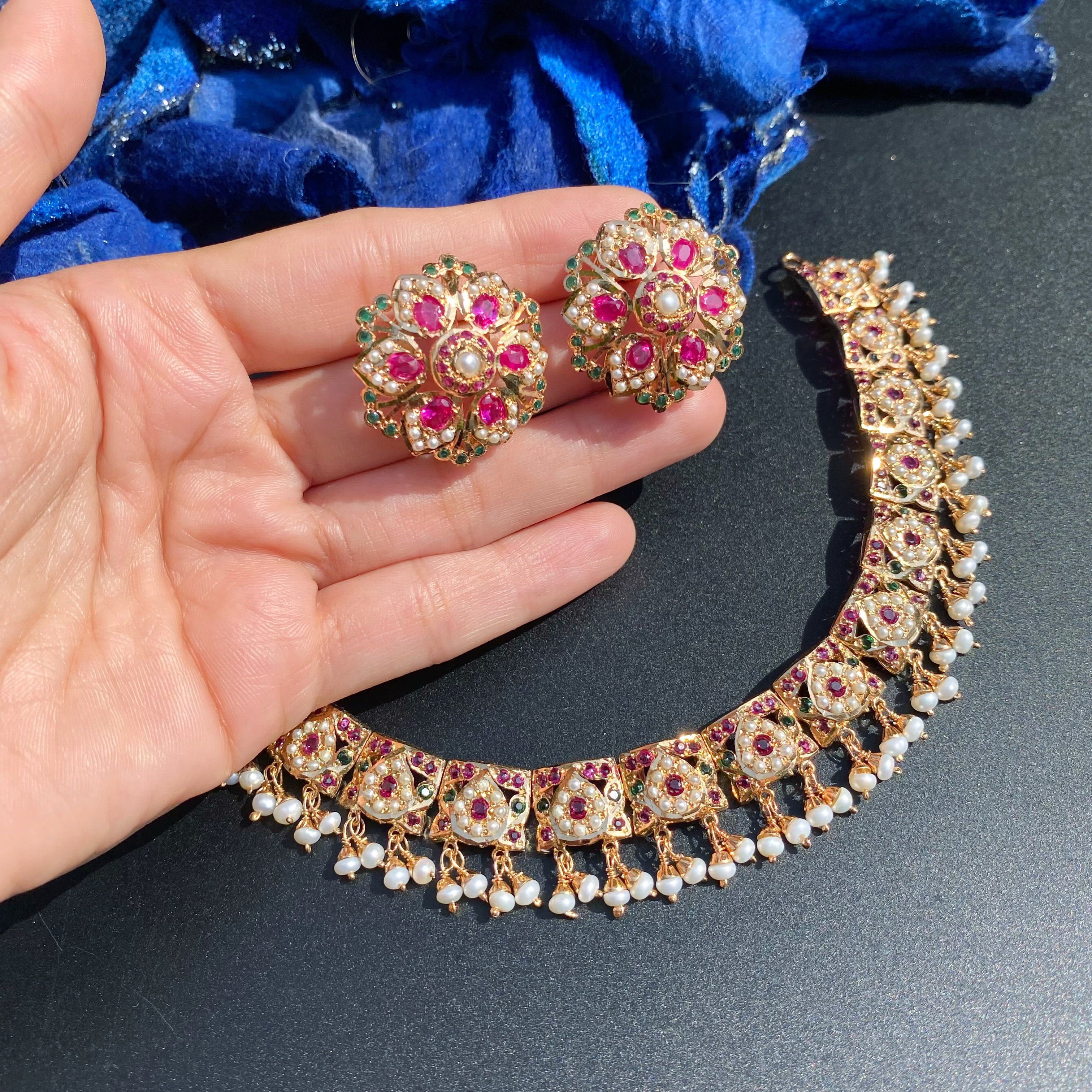 Ruby Pearl Jadau Necklace Set with Floral Stud Earrings | Gold Plated Silver NS 474