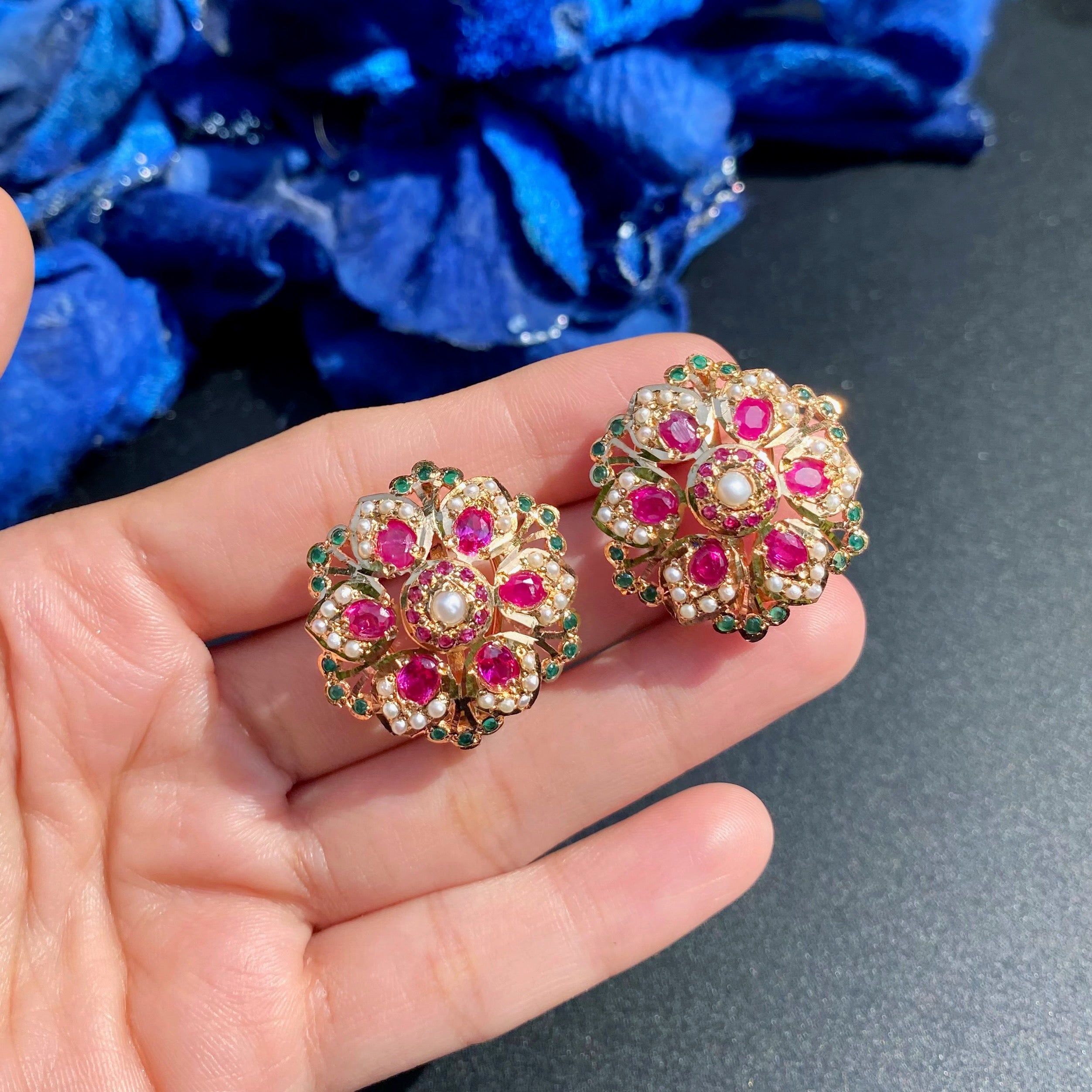 Ruby Pearl Jadau Necklace Set with Floral Stud Earrings | Gold Plated Silver NS 474