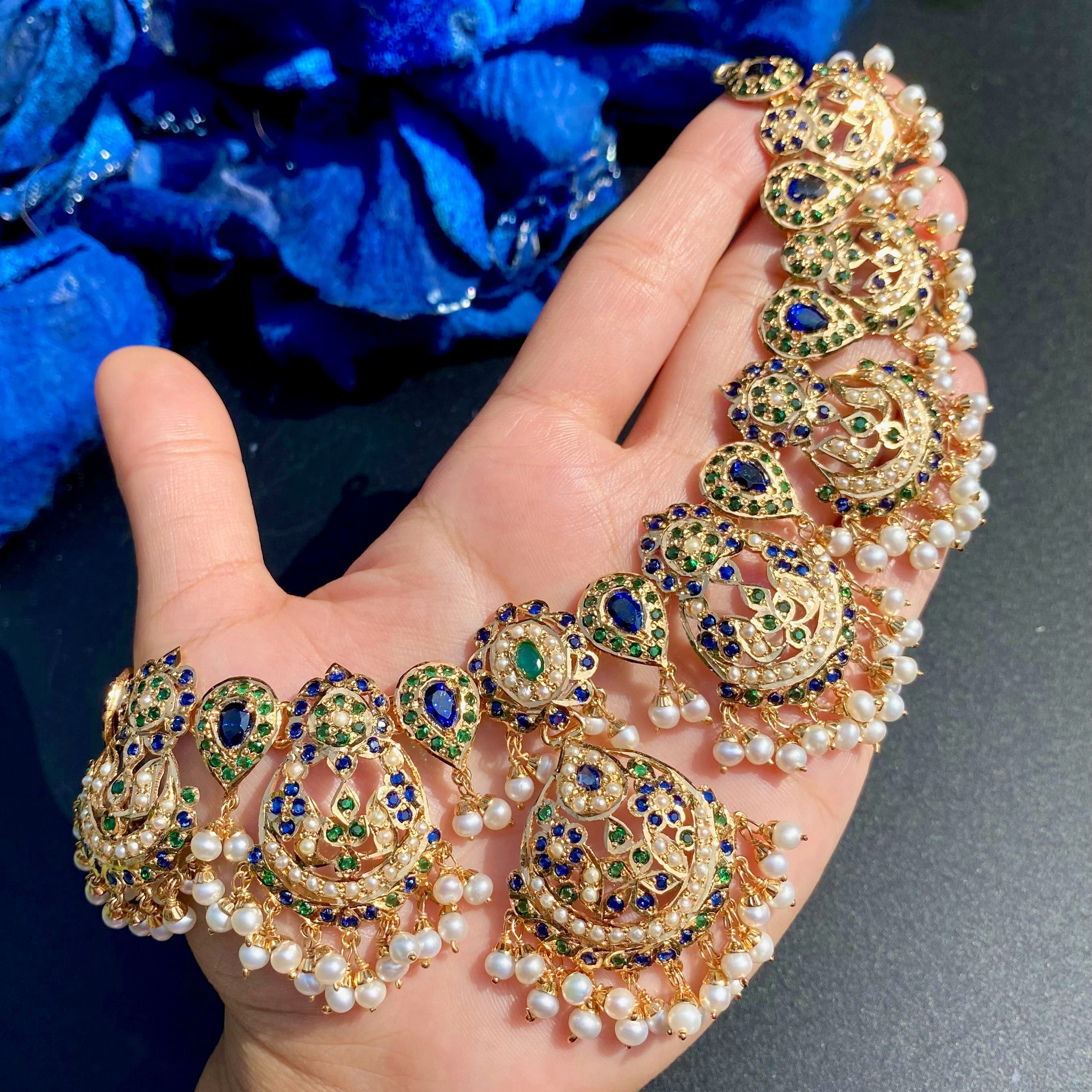 Bridal Wear Jadau Set in Royal Color Combination | Gold Plated on Silver NS 455