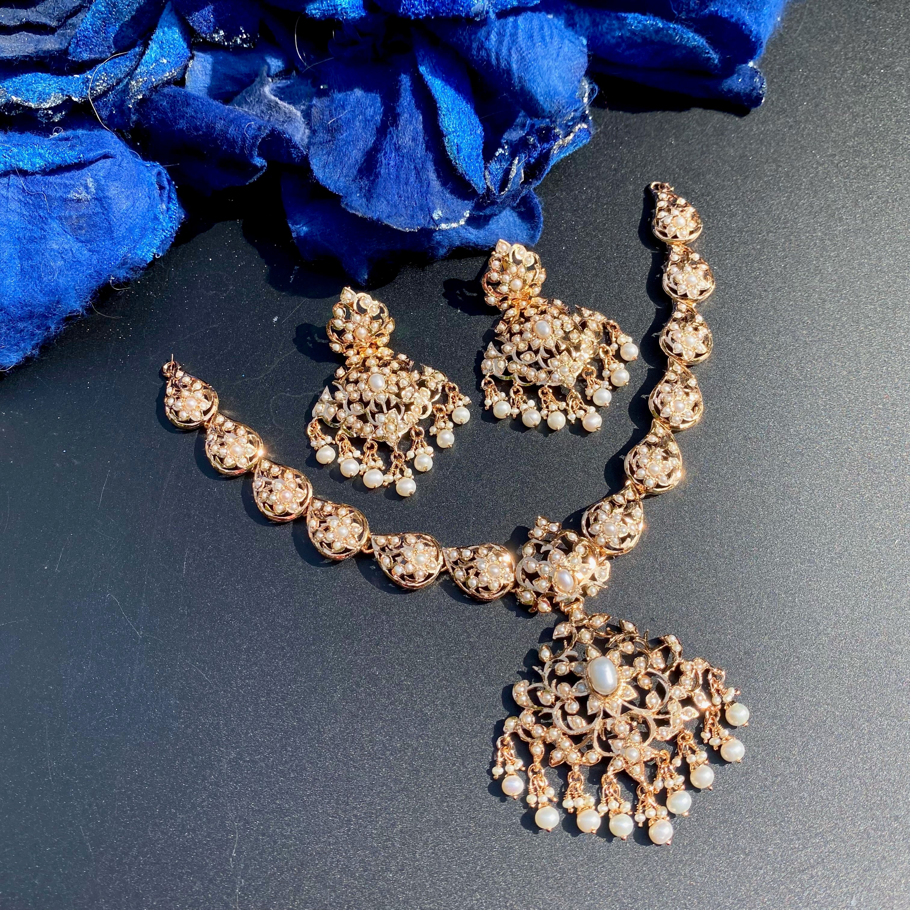 Pearl Jadau Necklace Set with Statement Earrings | Gold Plated on Silver NS 476