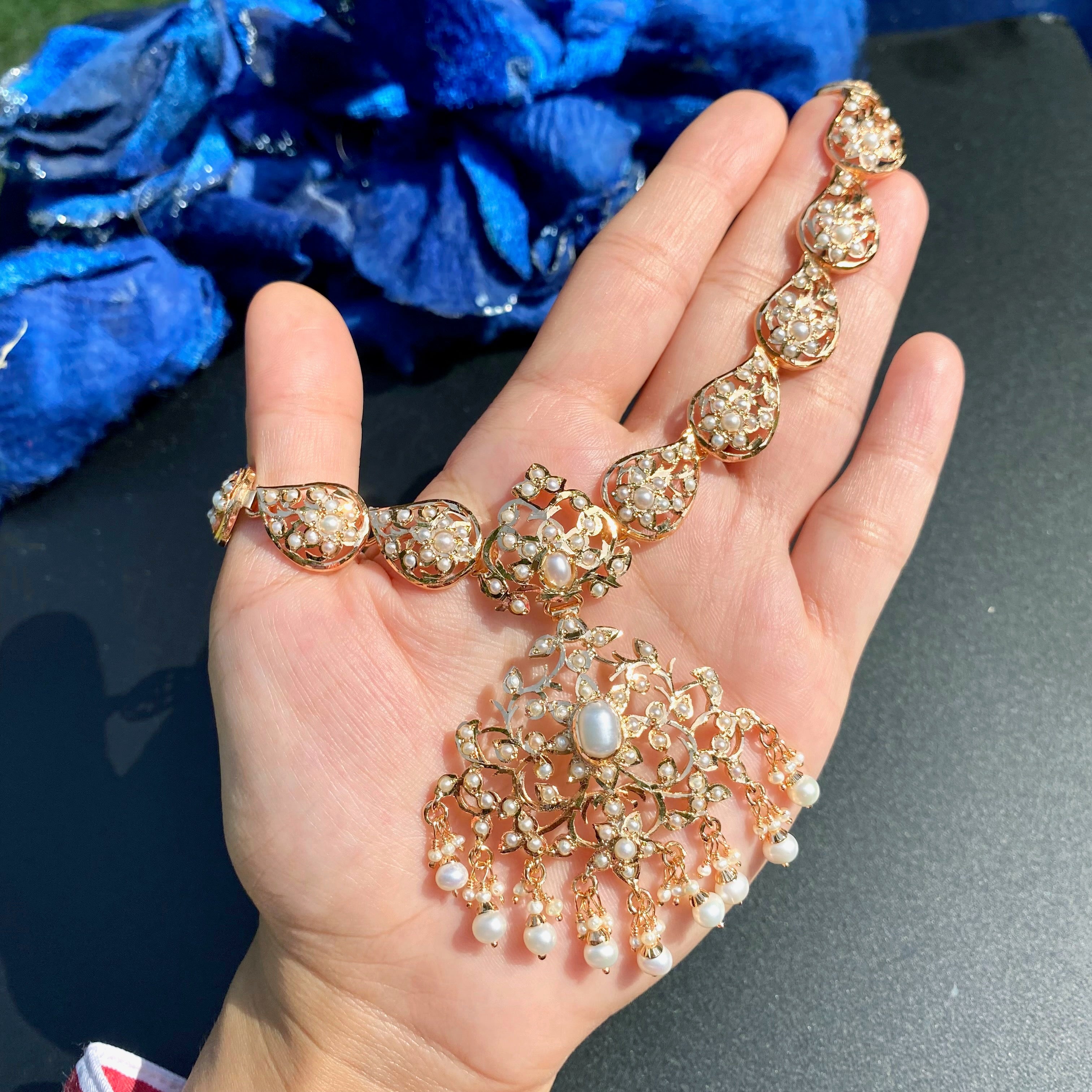 Pearl Jadau Necklace Set with Statement Earrings | Gold Plated on Silver NS 476