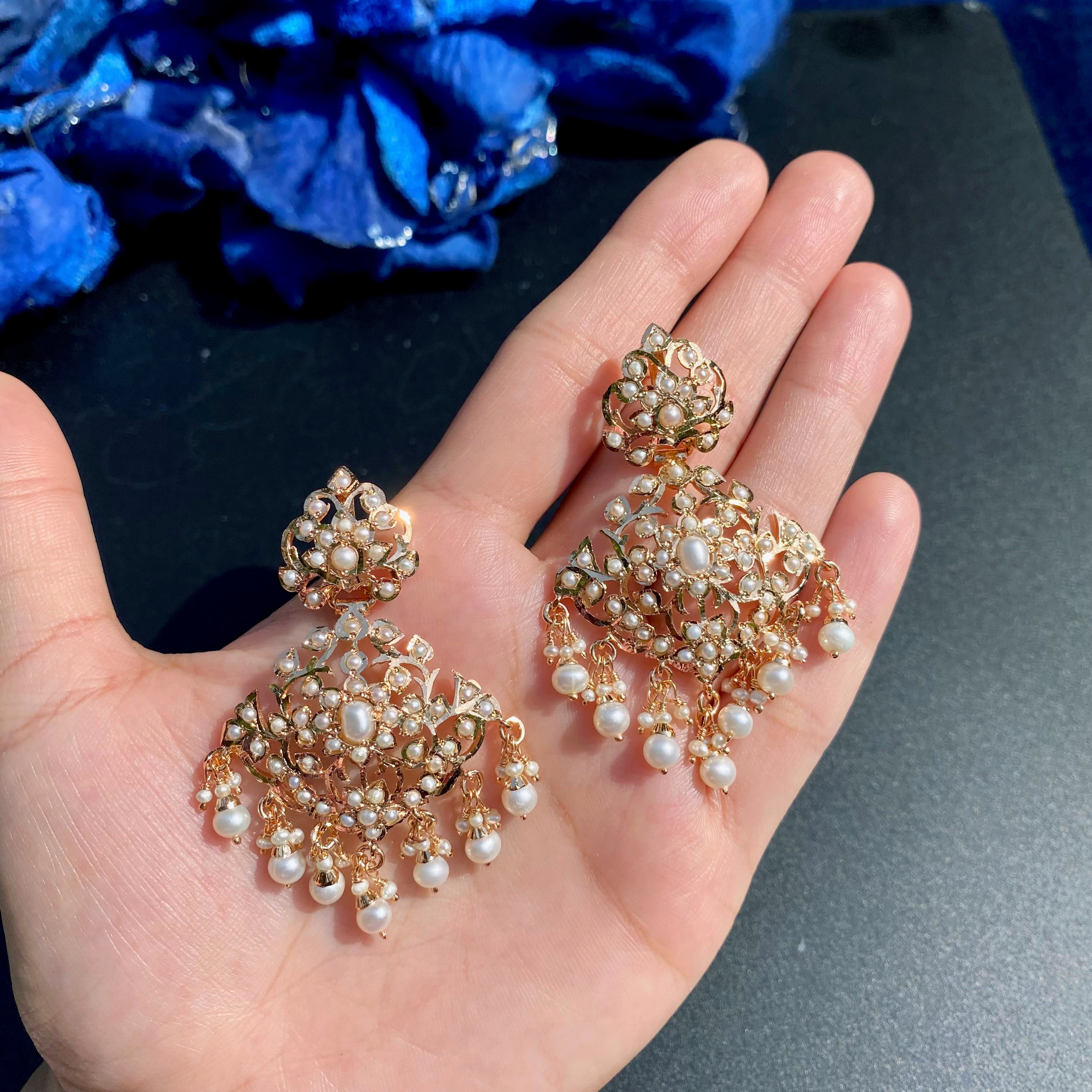 Pearl Jadau Necklace Set with Statement Earrings | Gold Plated on Silver NS 476