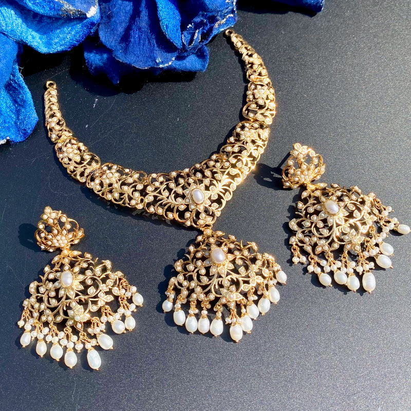 Edwardian Pearl Necklace Set with Statement Earrings | Gold Plated on 925 Silver NS 477