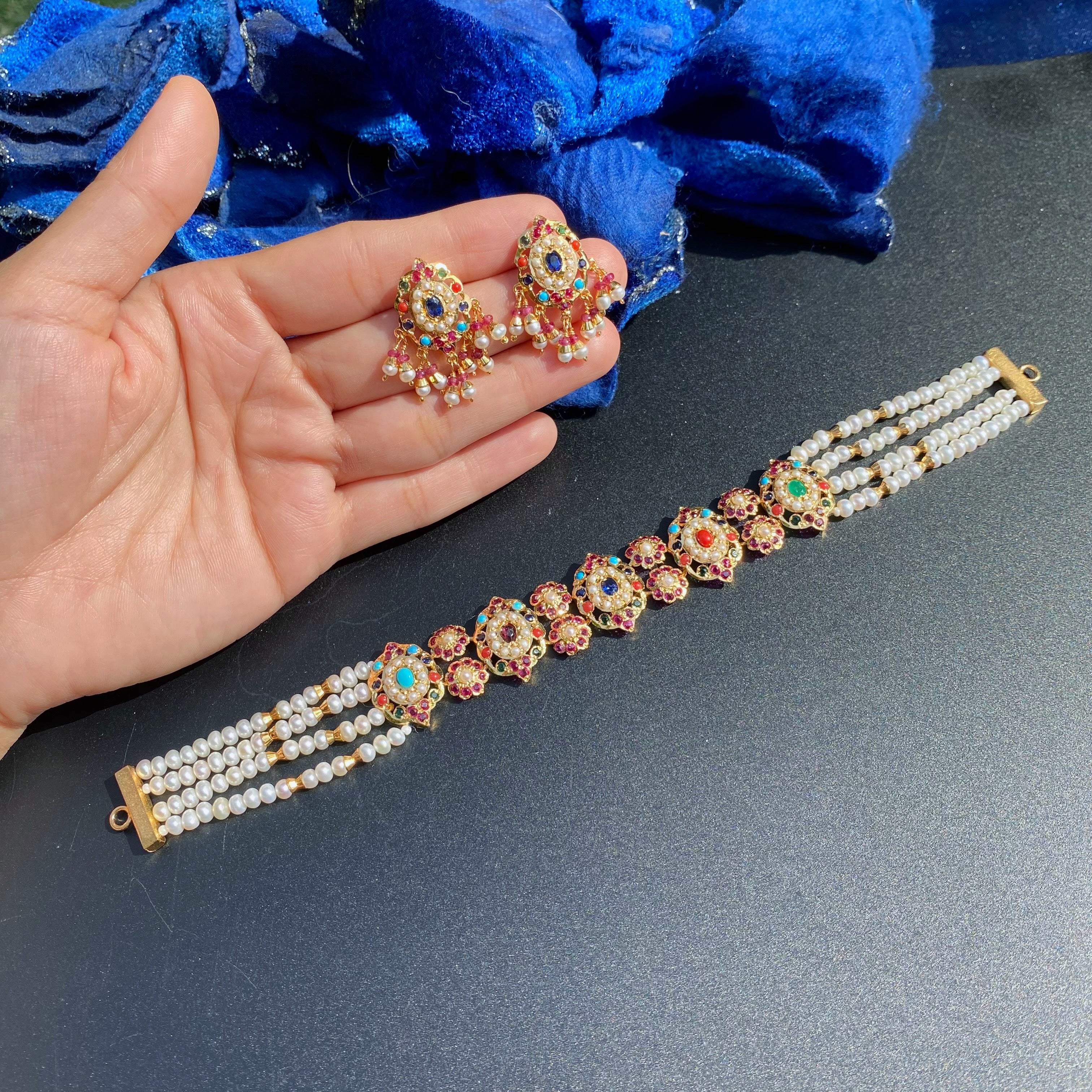 Navratna Pearl String Jadau Choker Set | Gold Plated on 925 Silver NS 473