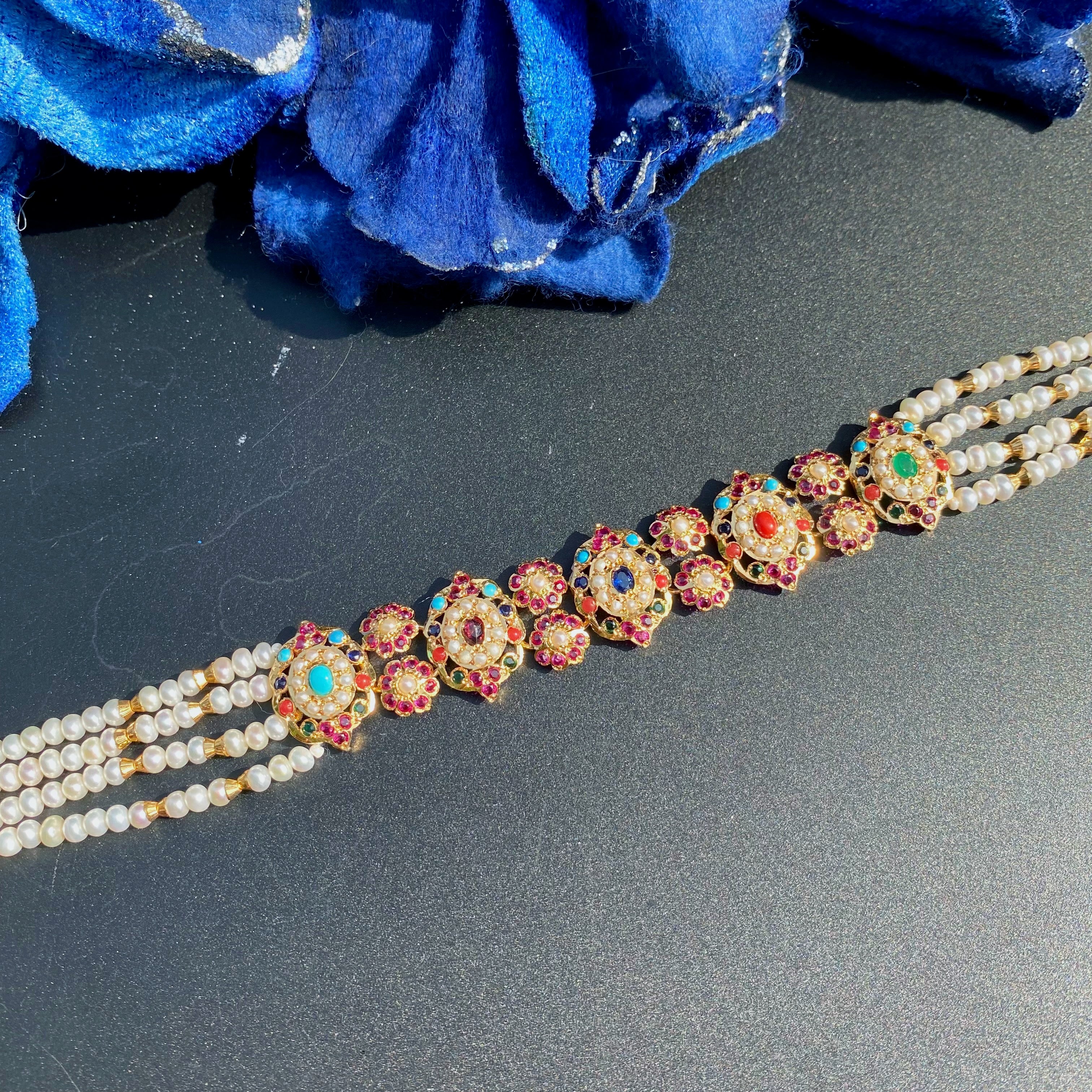 Navratna Pearl String Jadau Choker Set | Gold Plated on 925 Silver NS 473