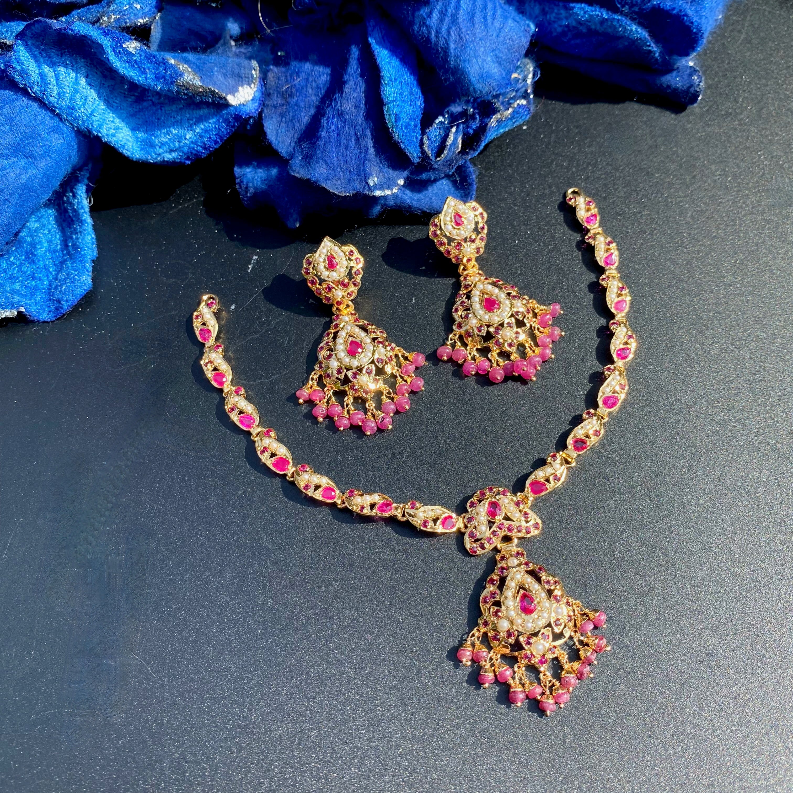 Ruby Pearl Jadau Necklace Set with Matching Earrings | Gold Plated Silver NS 471