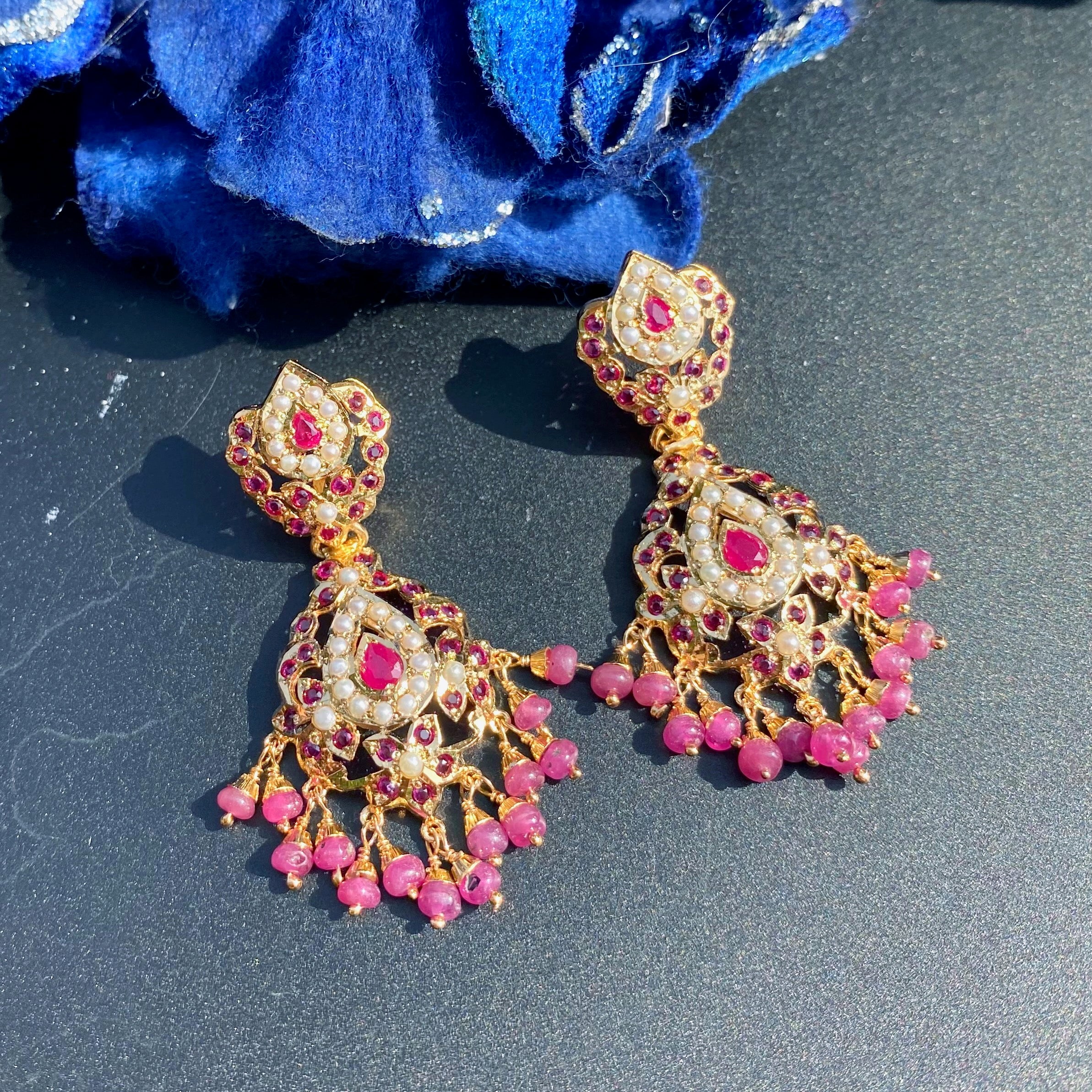 Ruby Pearl Jadau Necklace Set with Matching Earrings | Gold Plated Silver NS 471