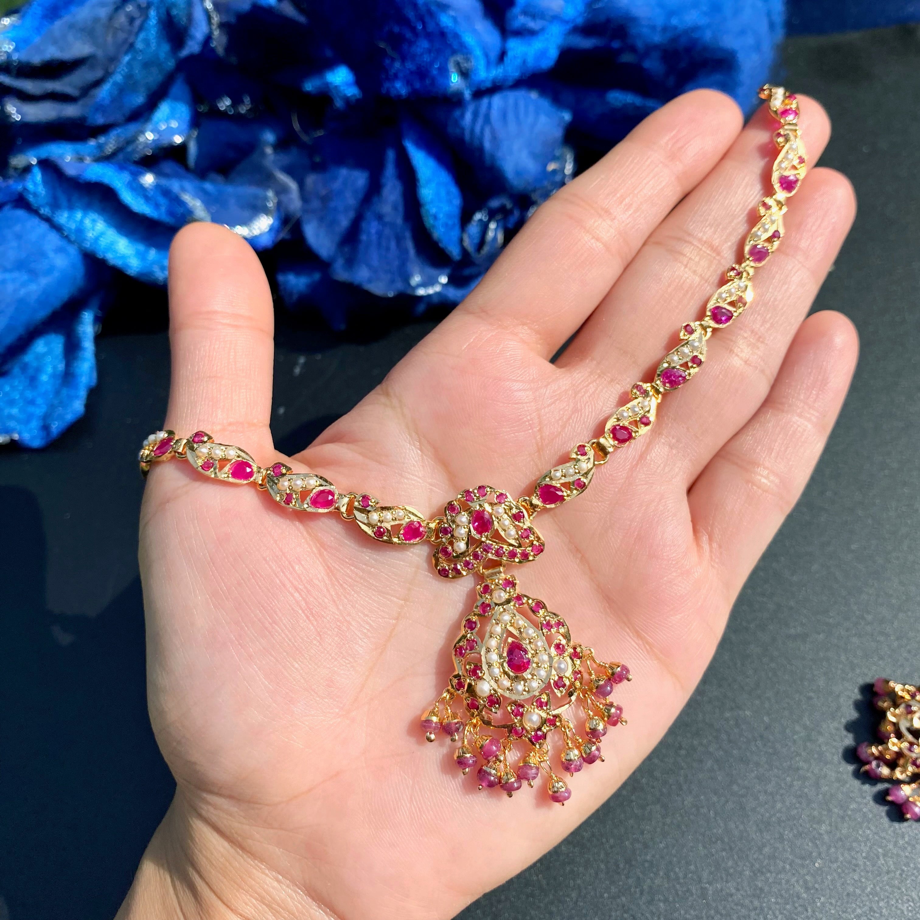 Ruby Pearl Jadau Necklace Set with Matching Earrings | Gold Plated Silver NS 471