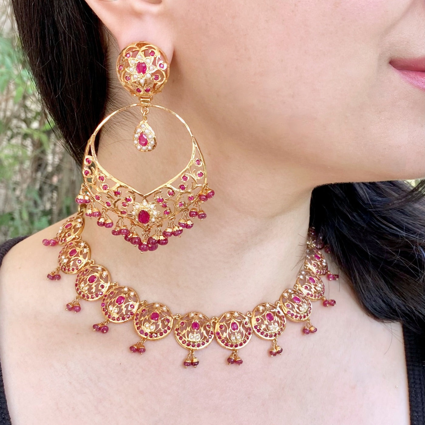 Delicate Ruby Necklace with Statement Earrings | Jadau Jewellery | NS 309