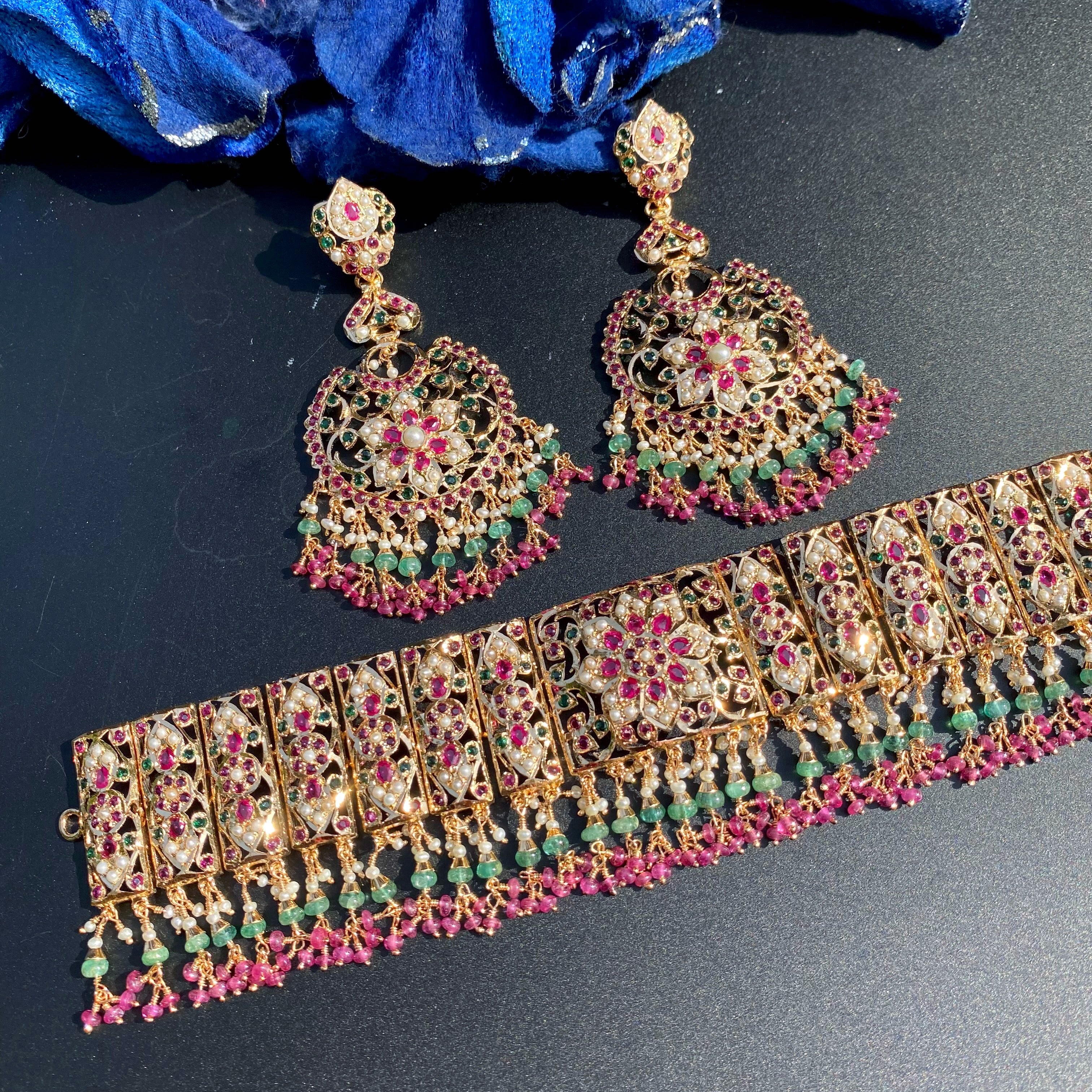 Product Title: Ruby Emerald Pearl Bridal Jadau Choker Set |Gold Plated on Silver NS 479