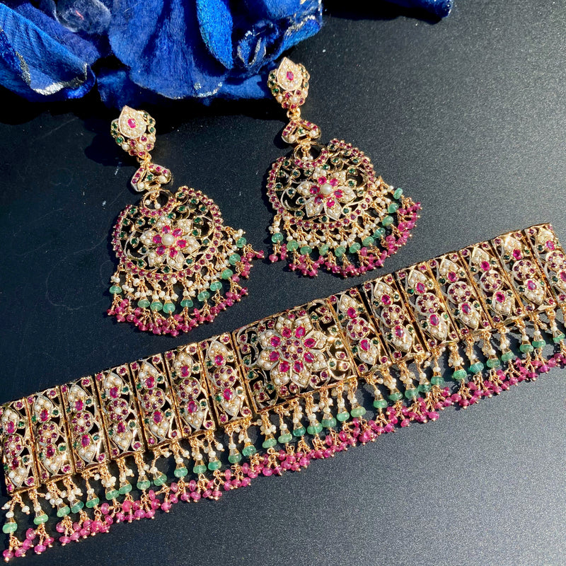 Product Title: Ruby Emerald Pearl Bridal Jadau Choker Set |Gold Plated on Silver NS 479