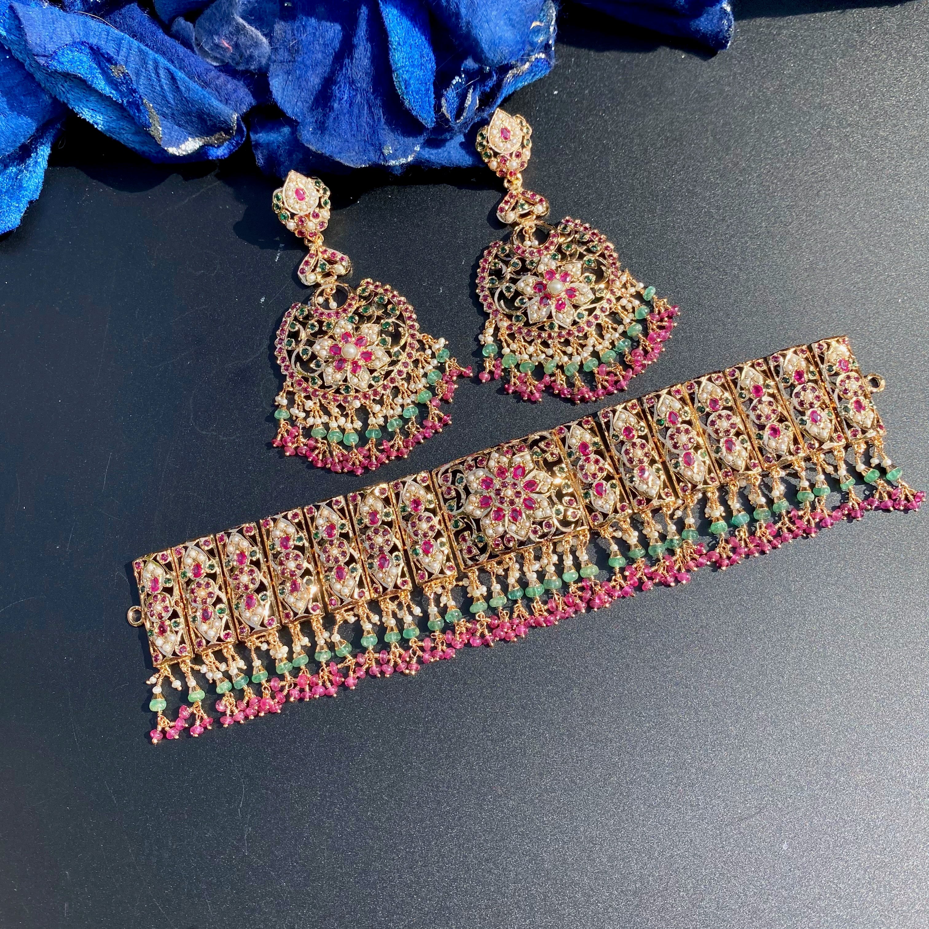 Product Title: Ruby Emerald Pearl Bridal Jadau Choker Set |Gold Plated on Silver NS 479