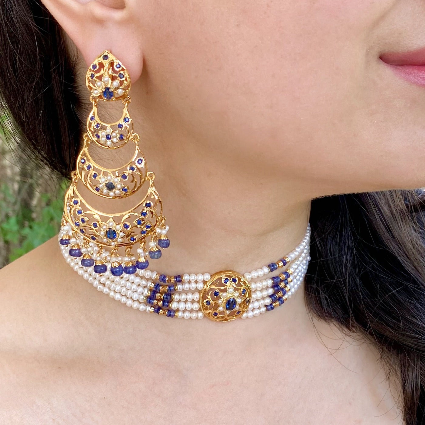 Sleek Choker with Earrings | Sapphire and Pearl Jewelry | Jadau Choker Set | NS 310