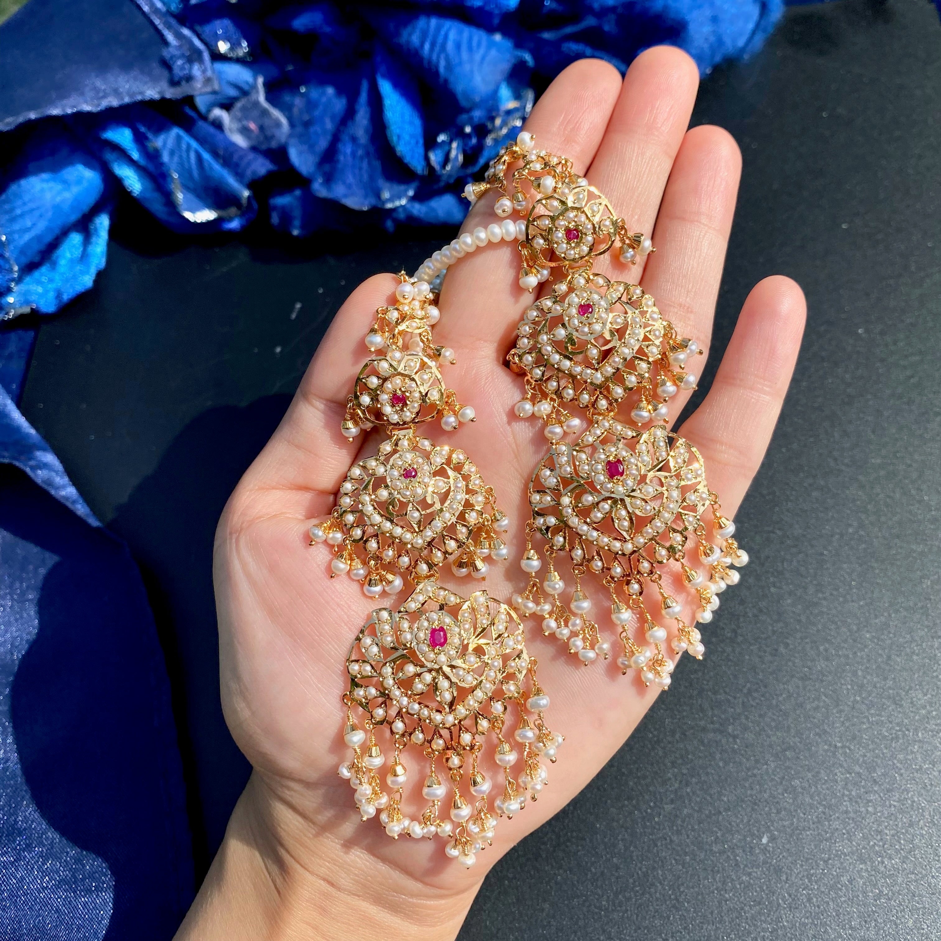 Long Pearl Jadau Earrings with Ear Chain | Gold Plated on Silver ER 719