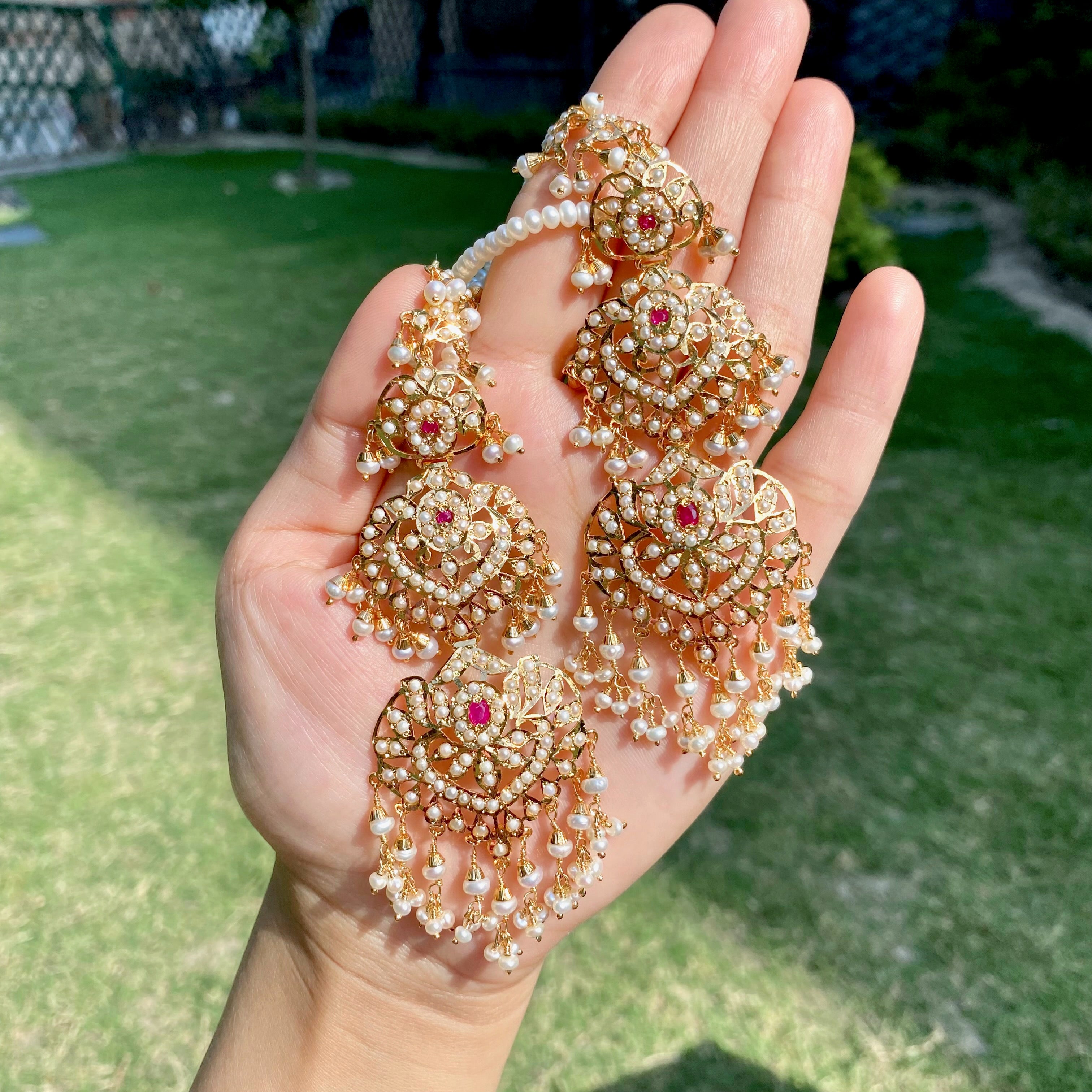 Long Pearl Jadau Earrings with Ear Chain | Gold Plated on Silver ER 719
