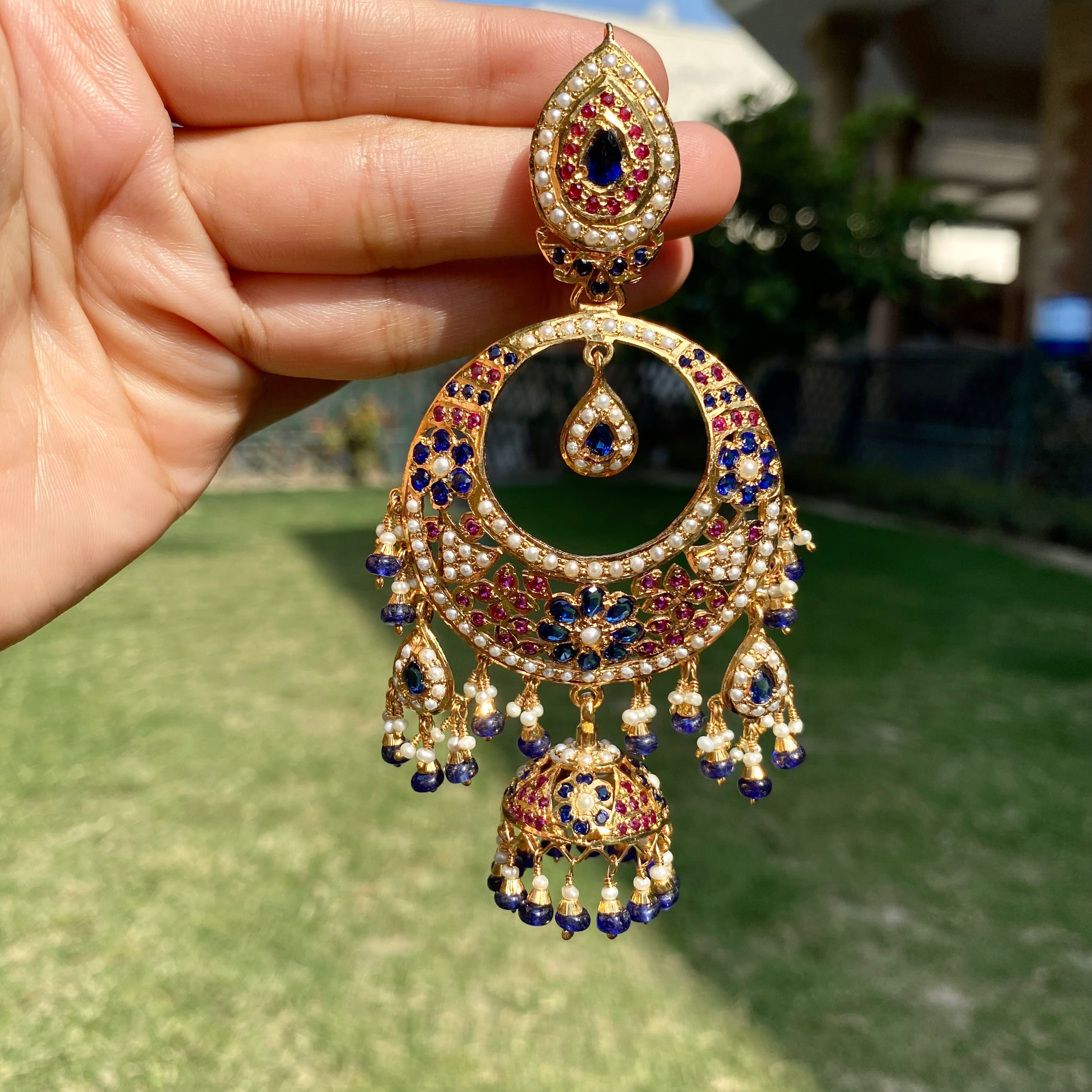 Royal Blue Ruby Chandbali Jhumka Earrings | Gold Plated on Silver ER 720