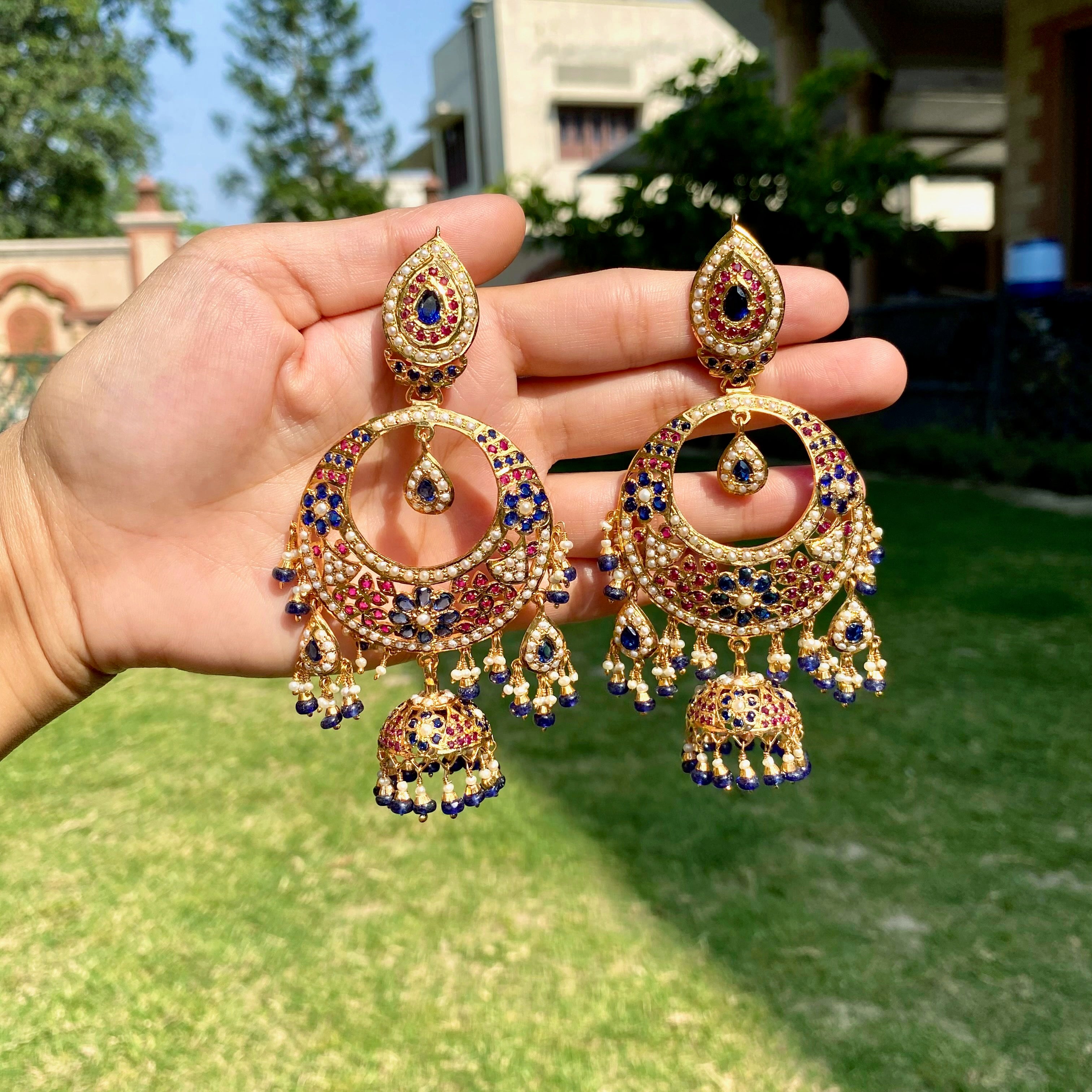 Royal Blue Ruby Chandbali Jhumka Earrings | Gold Plated on Silver ER 720