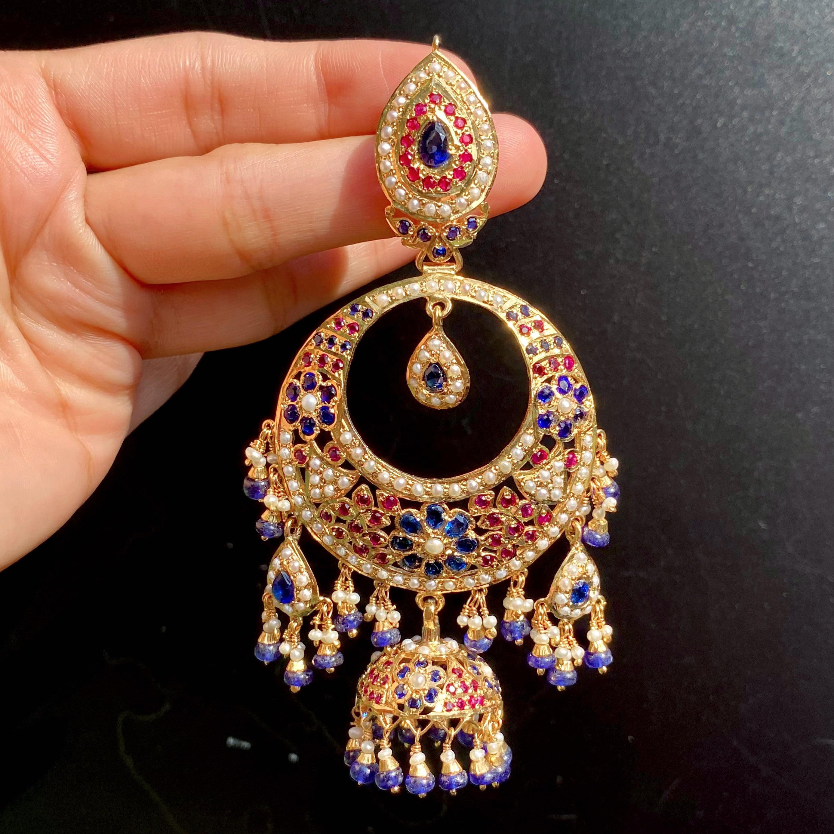 Royal Blue Ruby Chandbali Jhumka Earrings | Gold Plated on Silver ER 720