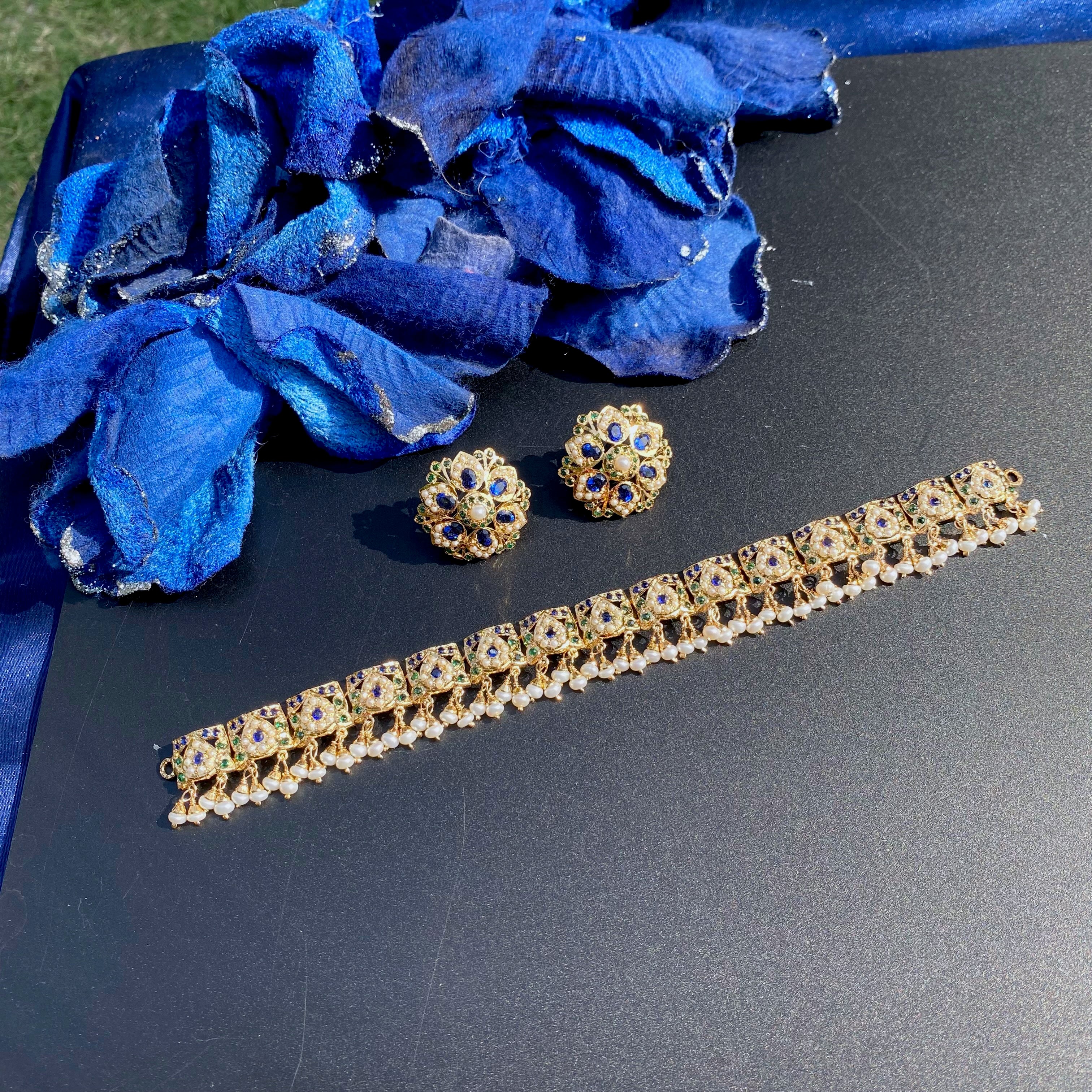 Blue Stone Pearl Jadau Choker Set with Floral Stud Earrings | NS 475