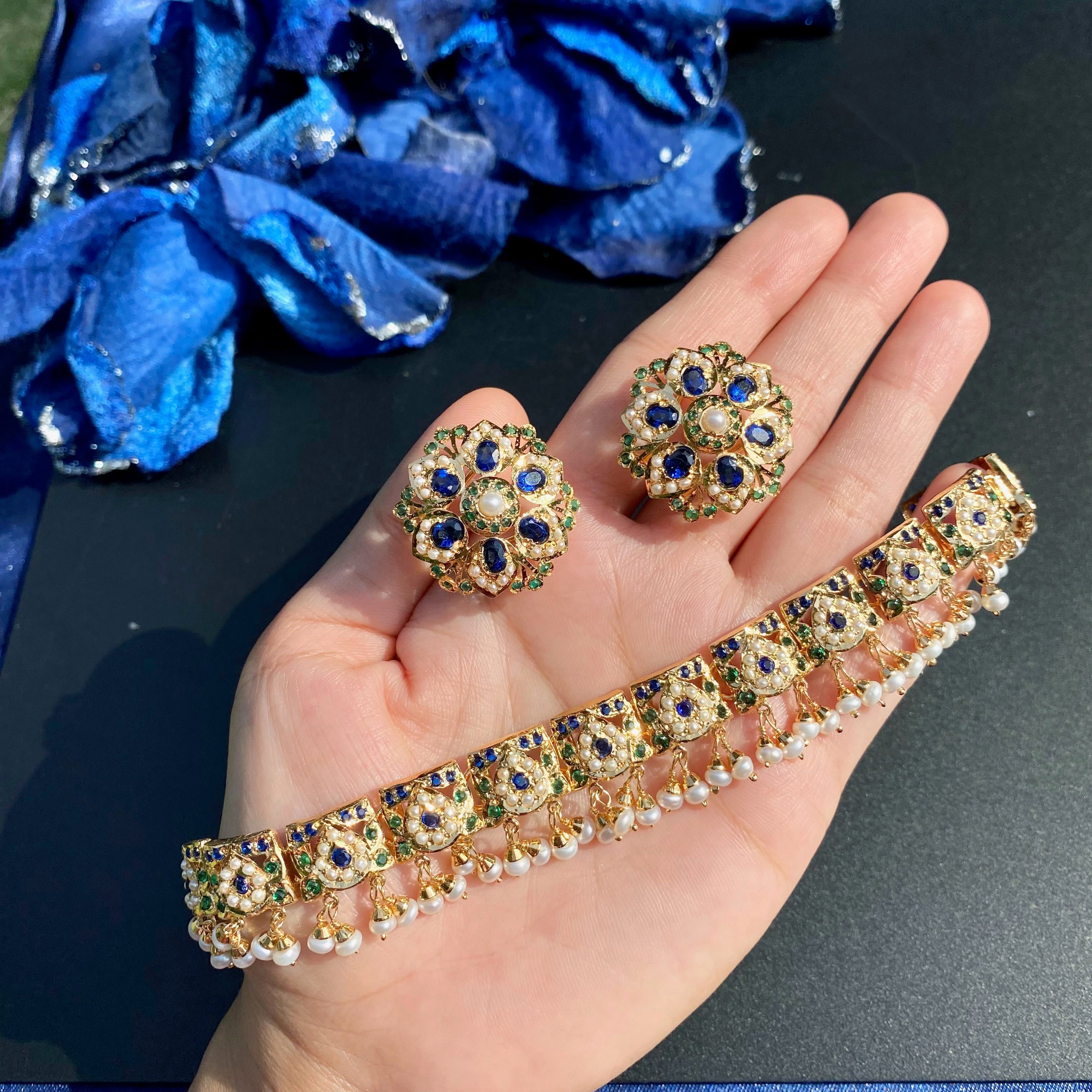 Blue Stone Pearl Jadau Choker Set with Floral Stud Earrings | NS 475