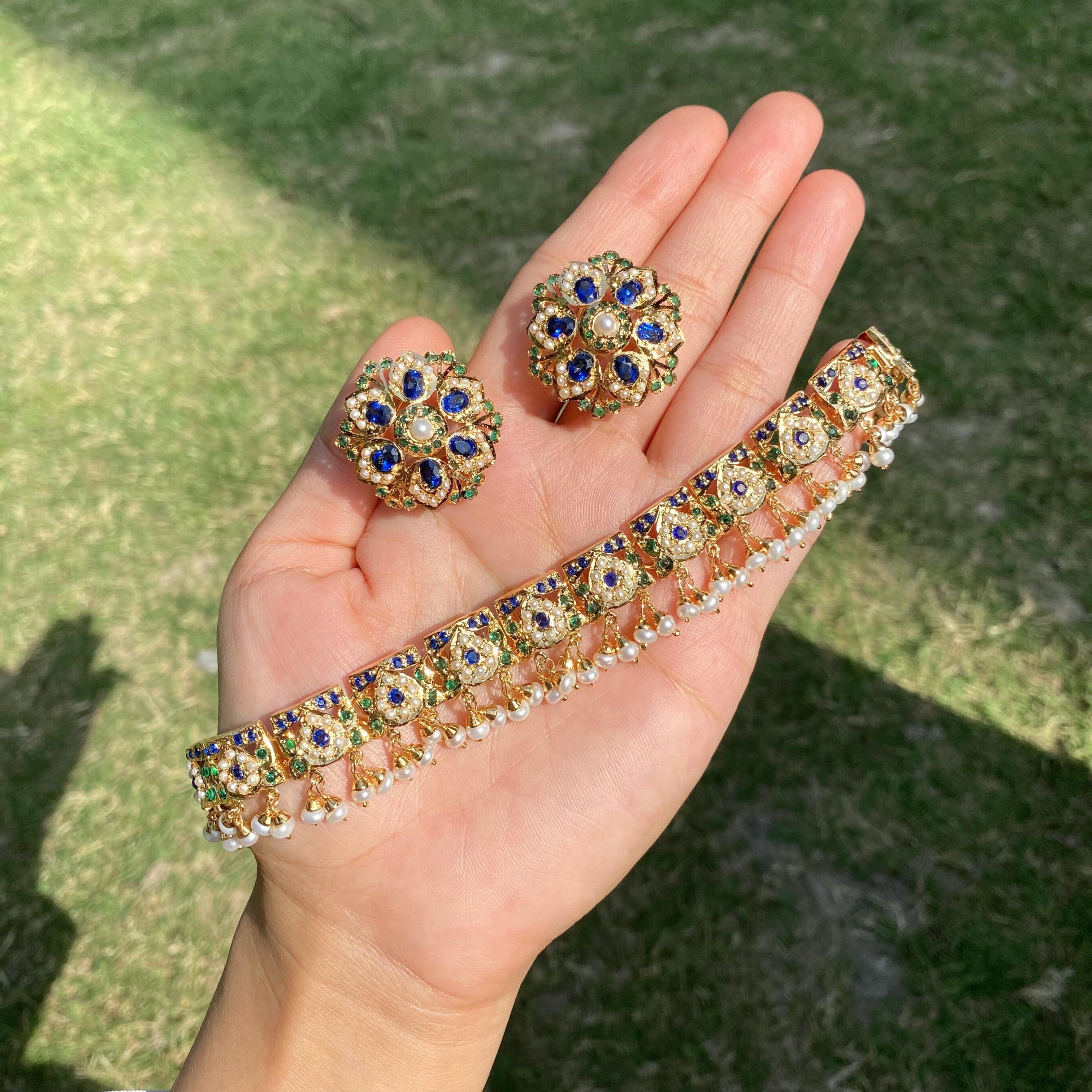 Blue Stone Pearl Jadau Choker Set with Floral Stud Earrings | NS 475