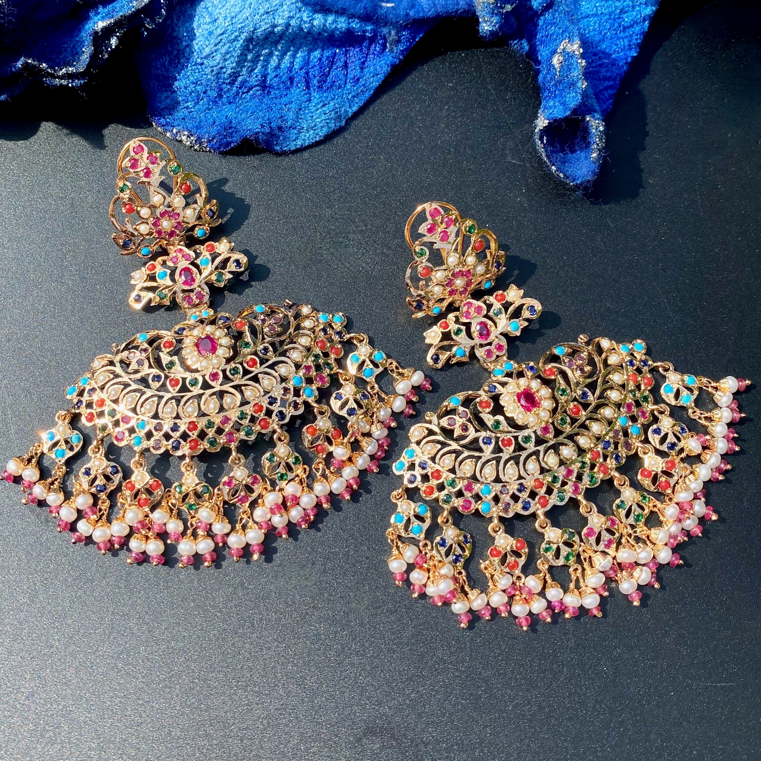 Statement Navratna Danglers on 925 Gold Plated Silver ER 741