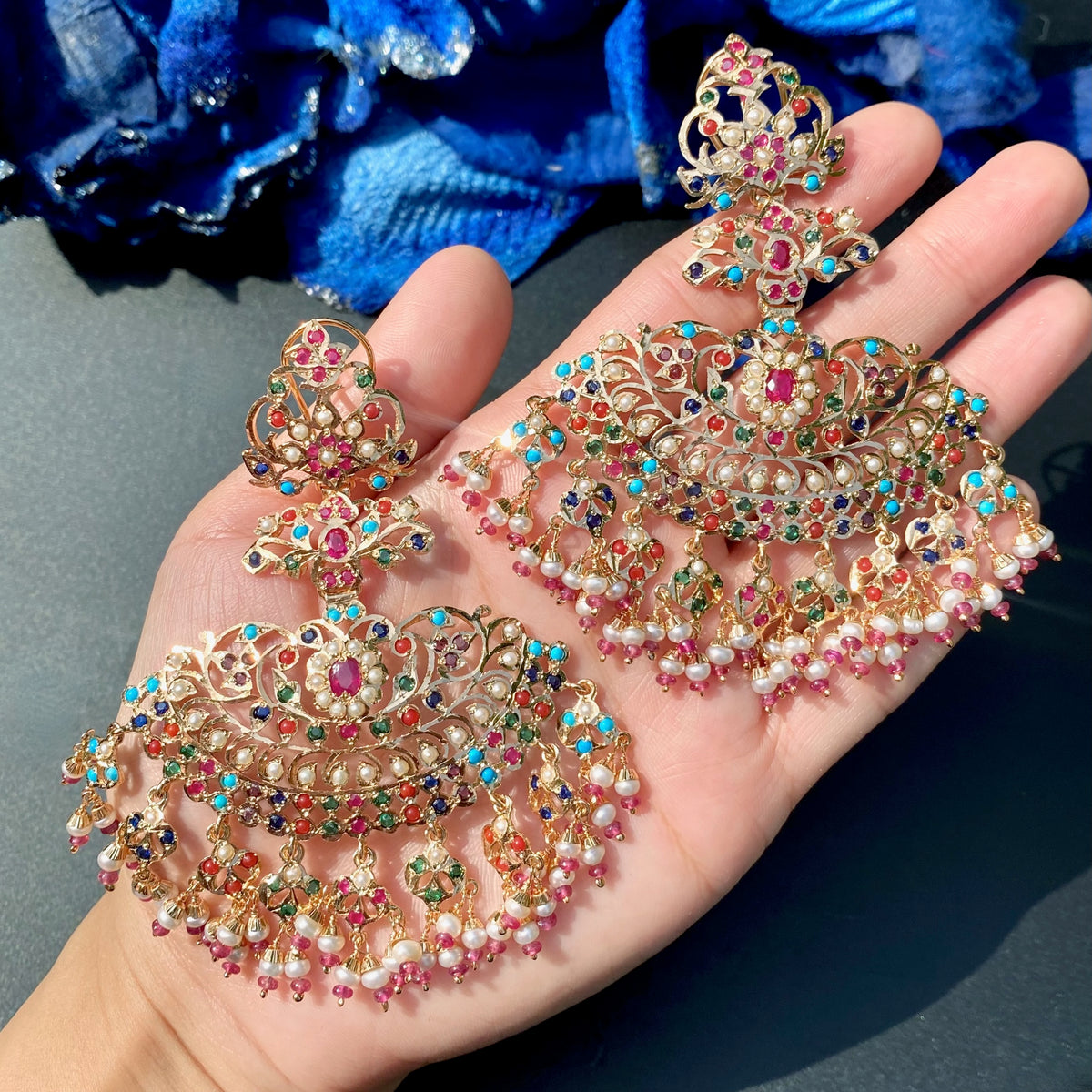 Statement Navratna Danglers on 925 Gold Plated Silver ER 741