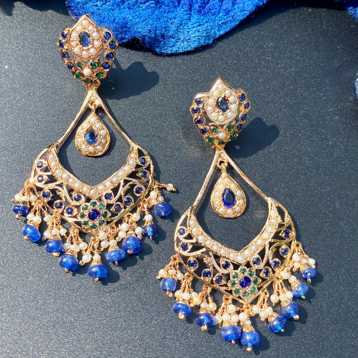 Regal Blue Stone & Pearl Statement Earrings | 925 Silver Gold Plated ER 742