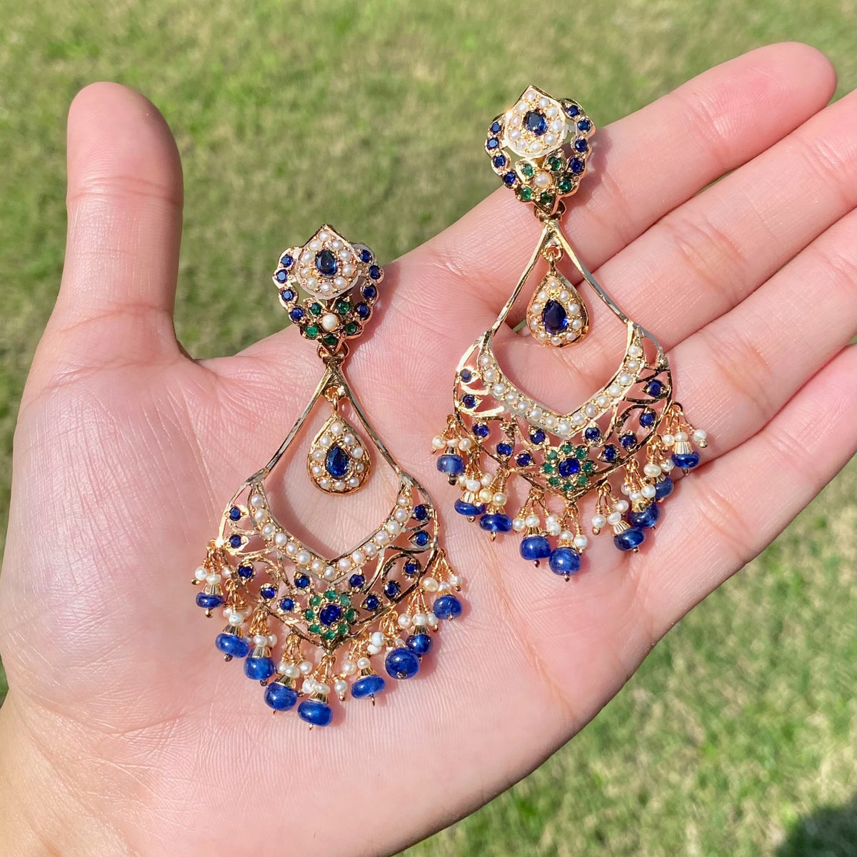 Regal Blue Stone & Pearl Statement Earrings | 925 Silver Gold Plated ER 742