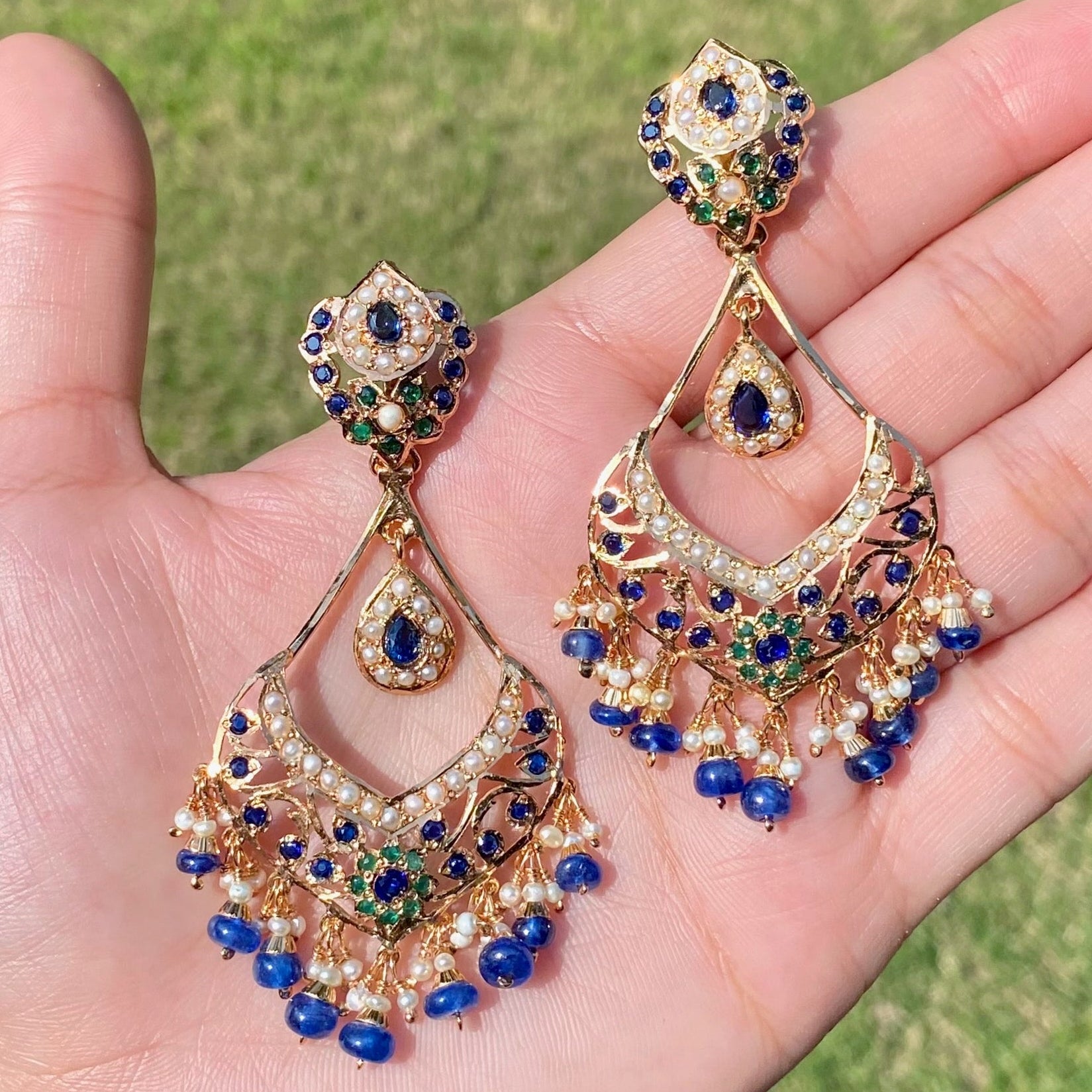 Regal Blue Stone & Pearl Statement Earrings | 925 Silver Gold Plated ER 742