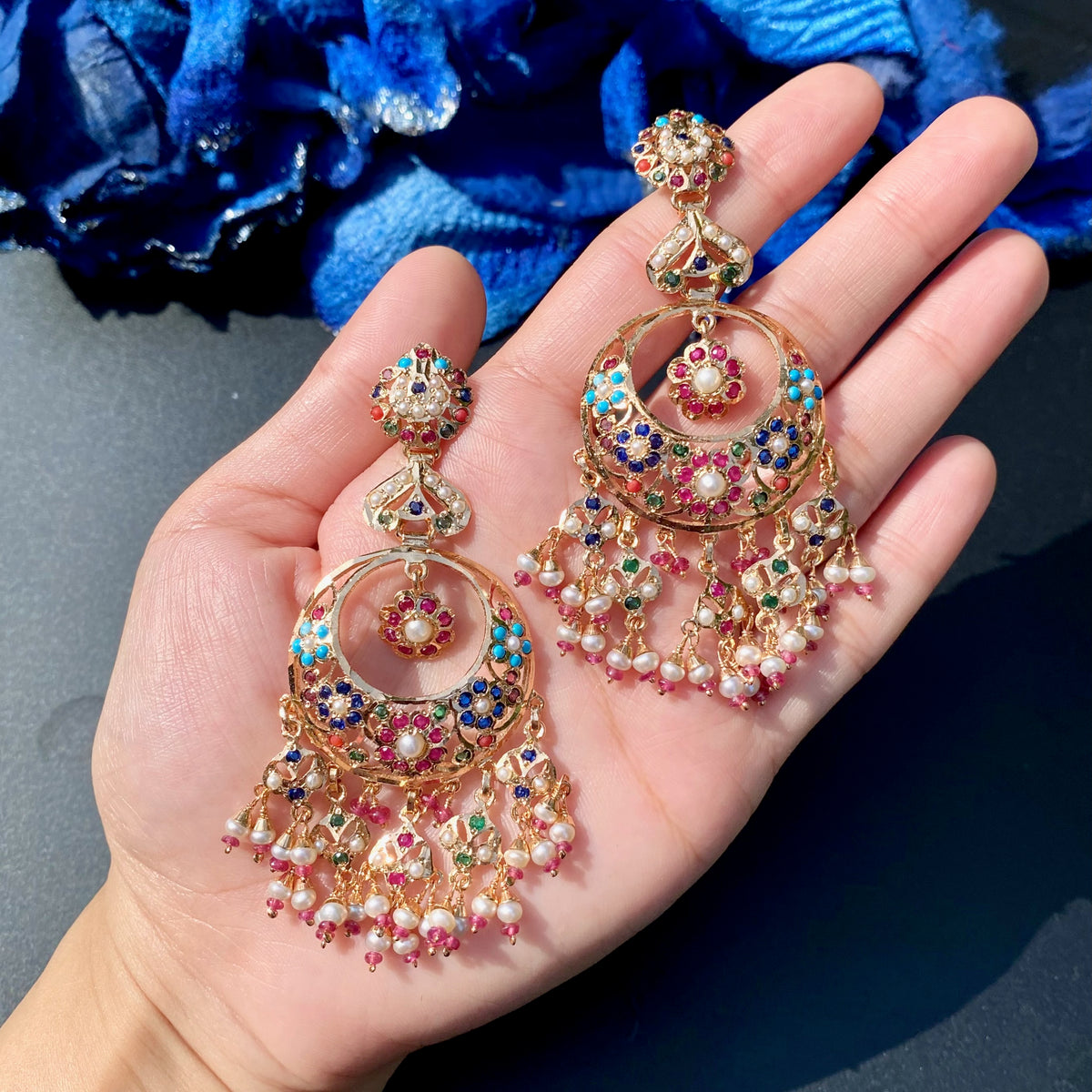 Long Navratna Jadau Chandbali Earrings | Gold Plated on 925 Silver ER 750