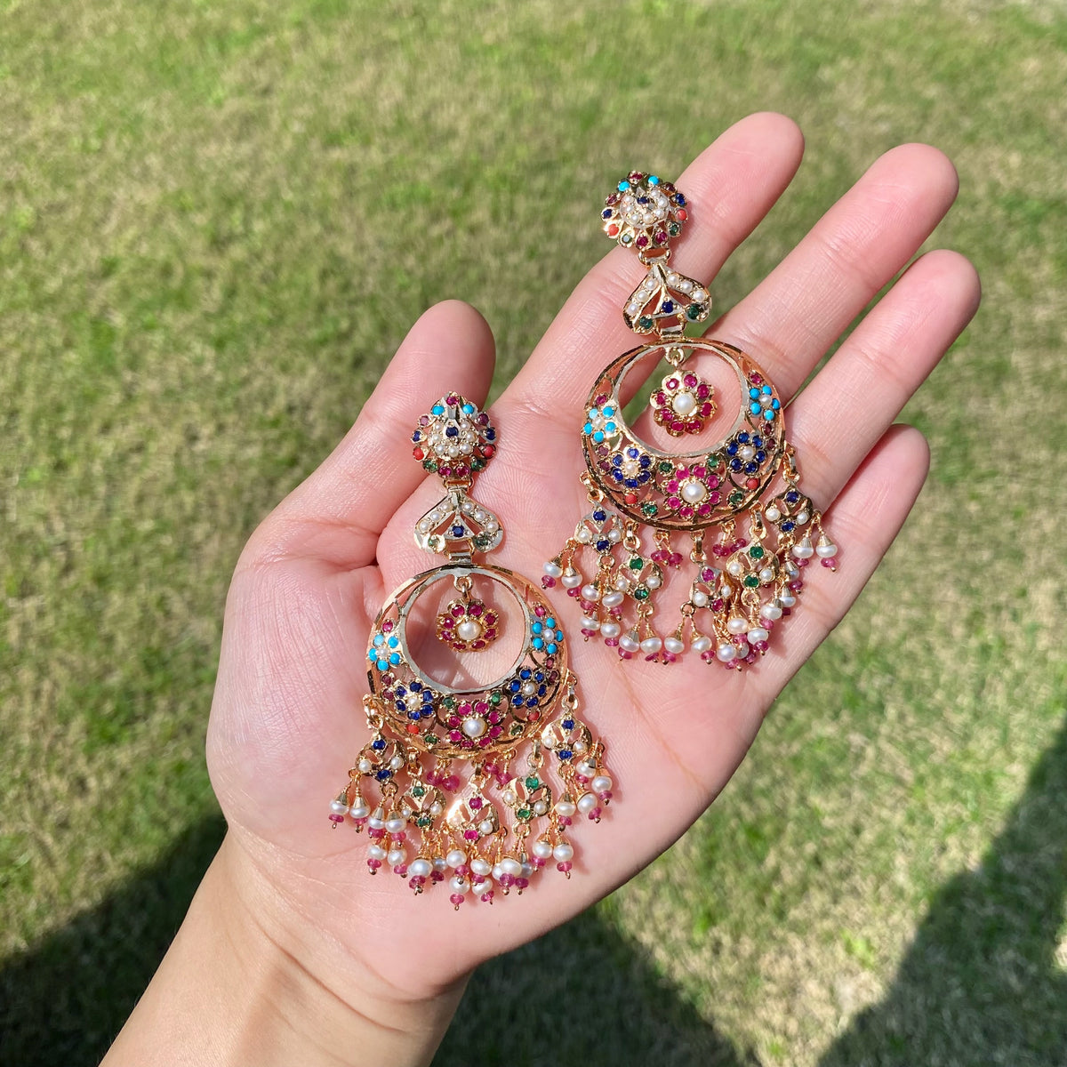 Long Navratna Jadau Chandbali Earrings | Gold Plated on 925 Silver ER 750