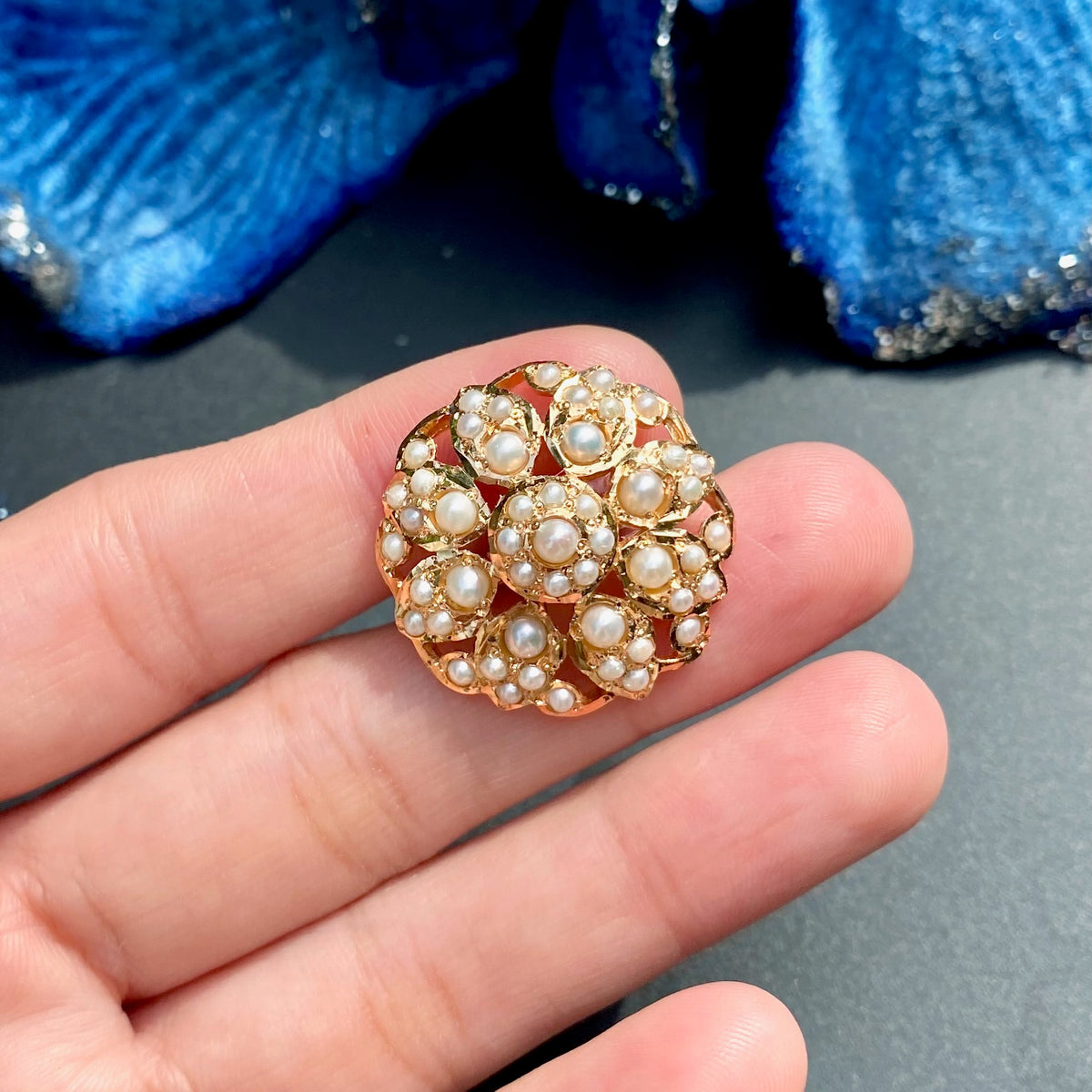 Exquisite Round Shaped Pearl Jadau Ring | 925 Silver Gold Plated LR 123