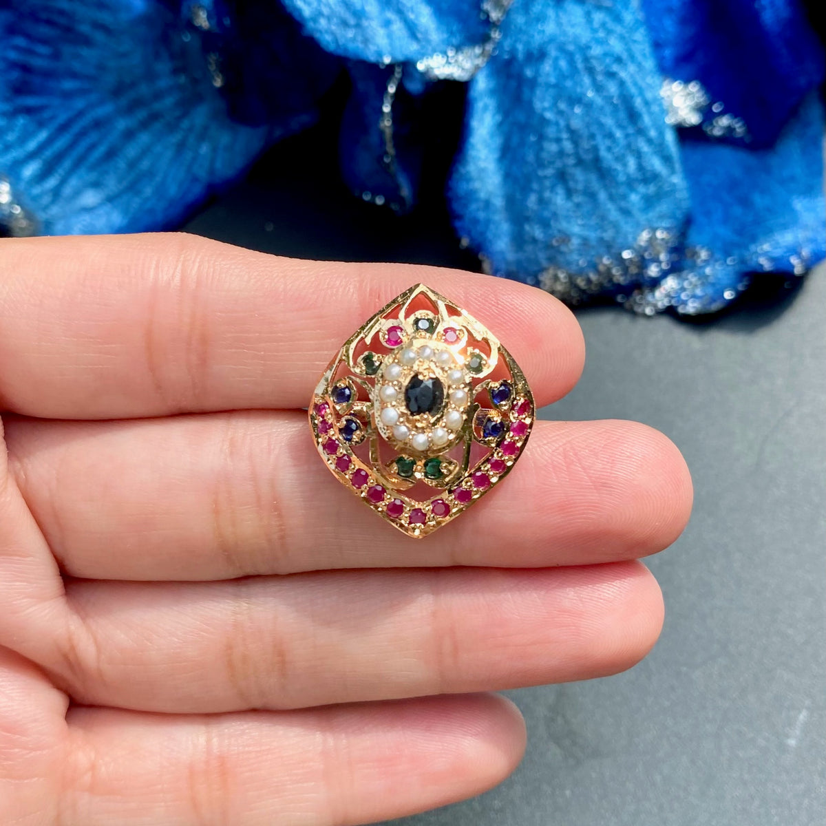 Multocolored Jadau Ring | 925 Silver Gold Plated LR 124